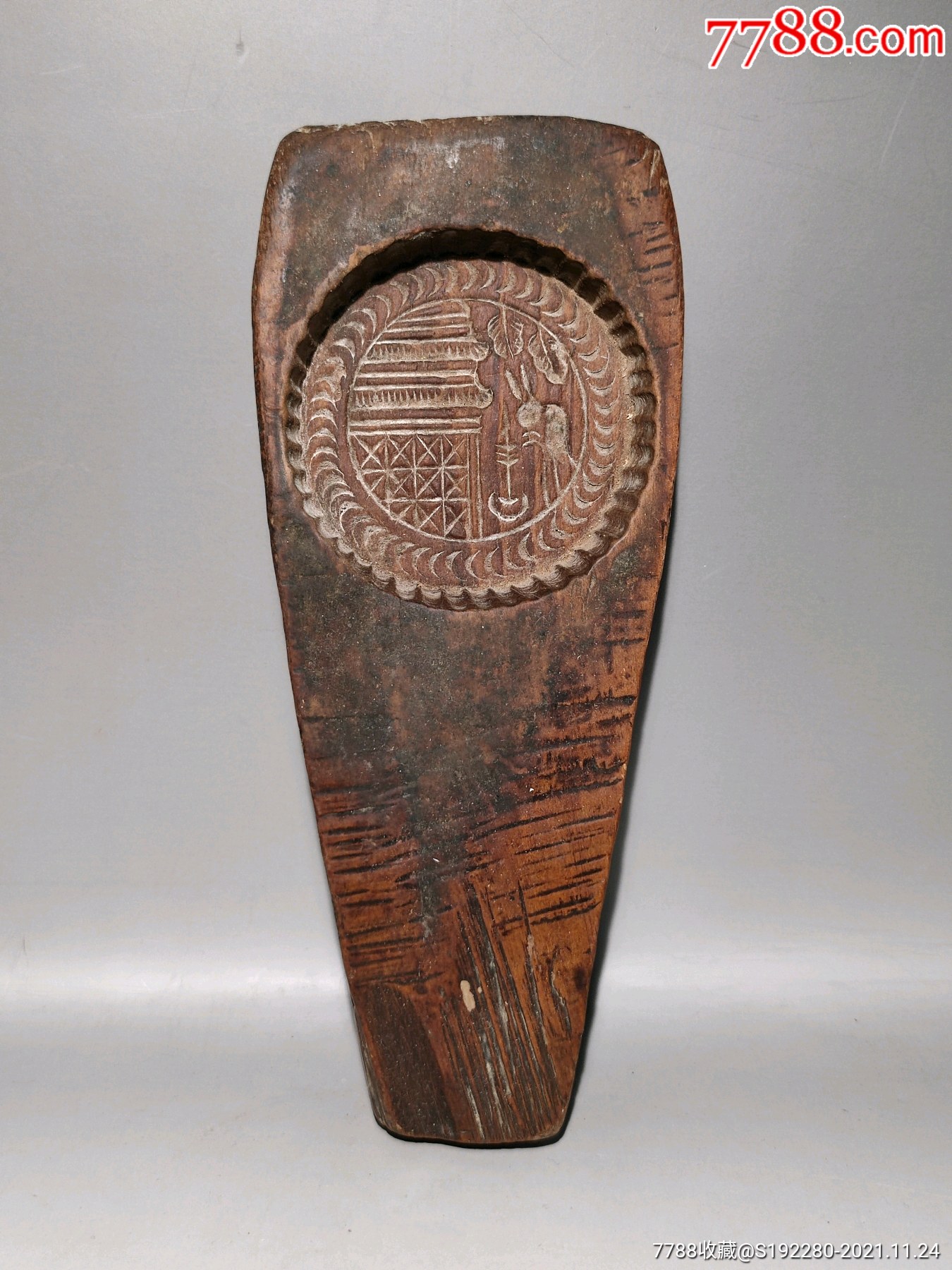 老月饼模具玉兔捣药传统题材老木雕老物件长22cm宽9cm厚3cm