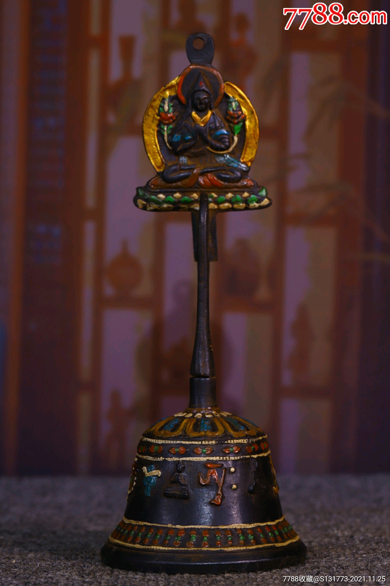 金刚铃法铃铜胎纯手工敲打錾刻描彩老摇铃高25㎝宽95㎝重约510克