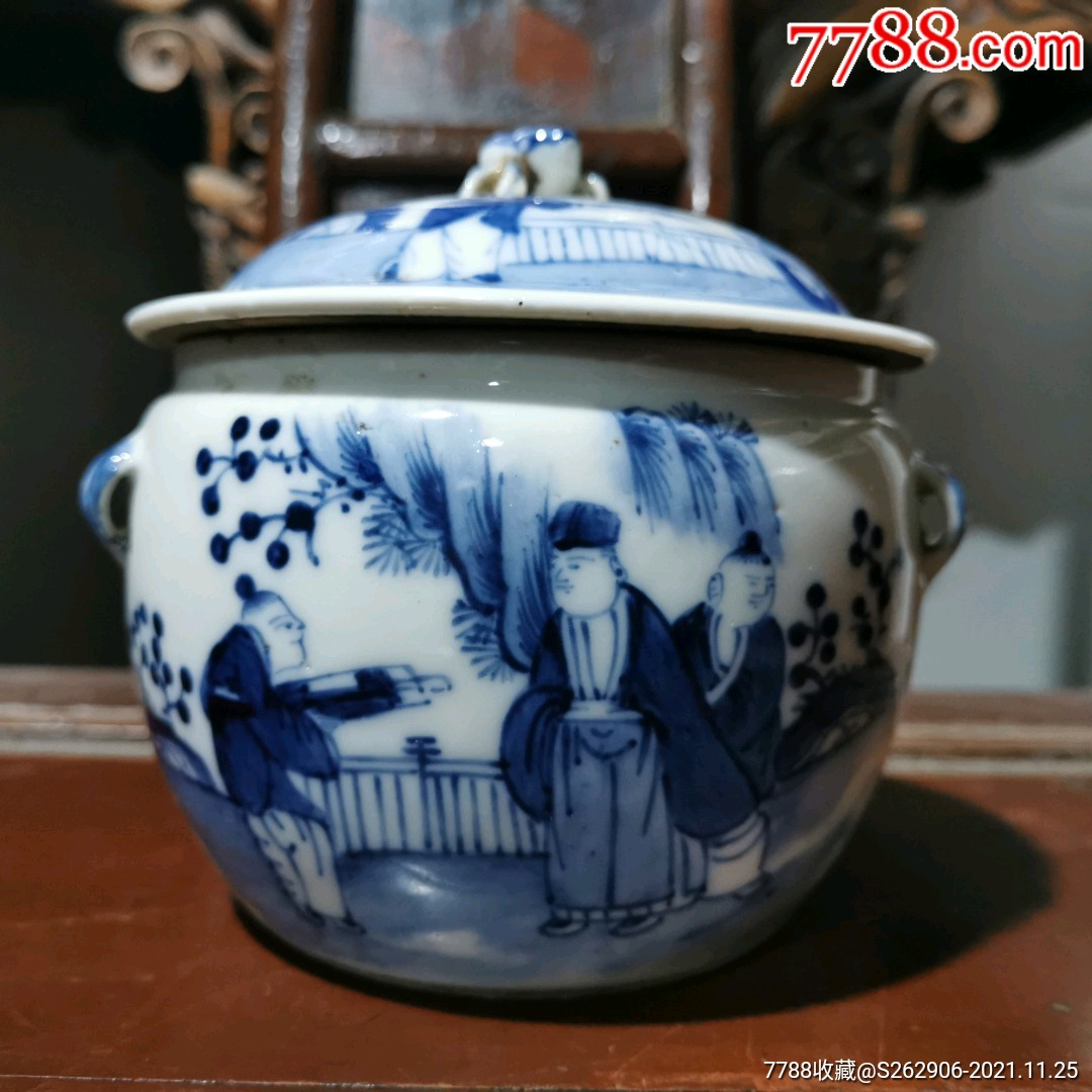 清代青花人物盖罐_青花瓷_收藏价格_鉴定交易_7788瓷器网