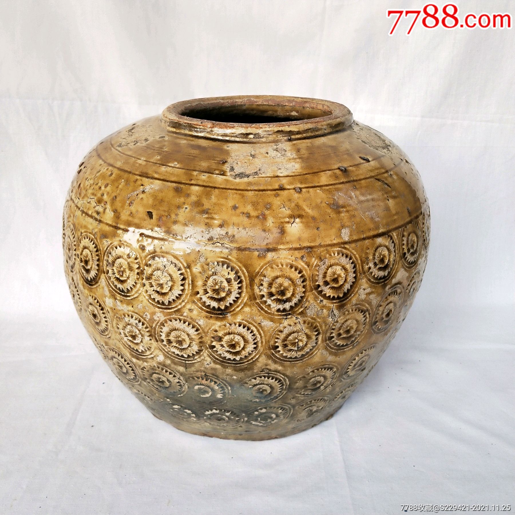 清代陶器金钱罐印纹黄釉陶罐酒坛收藏品