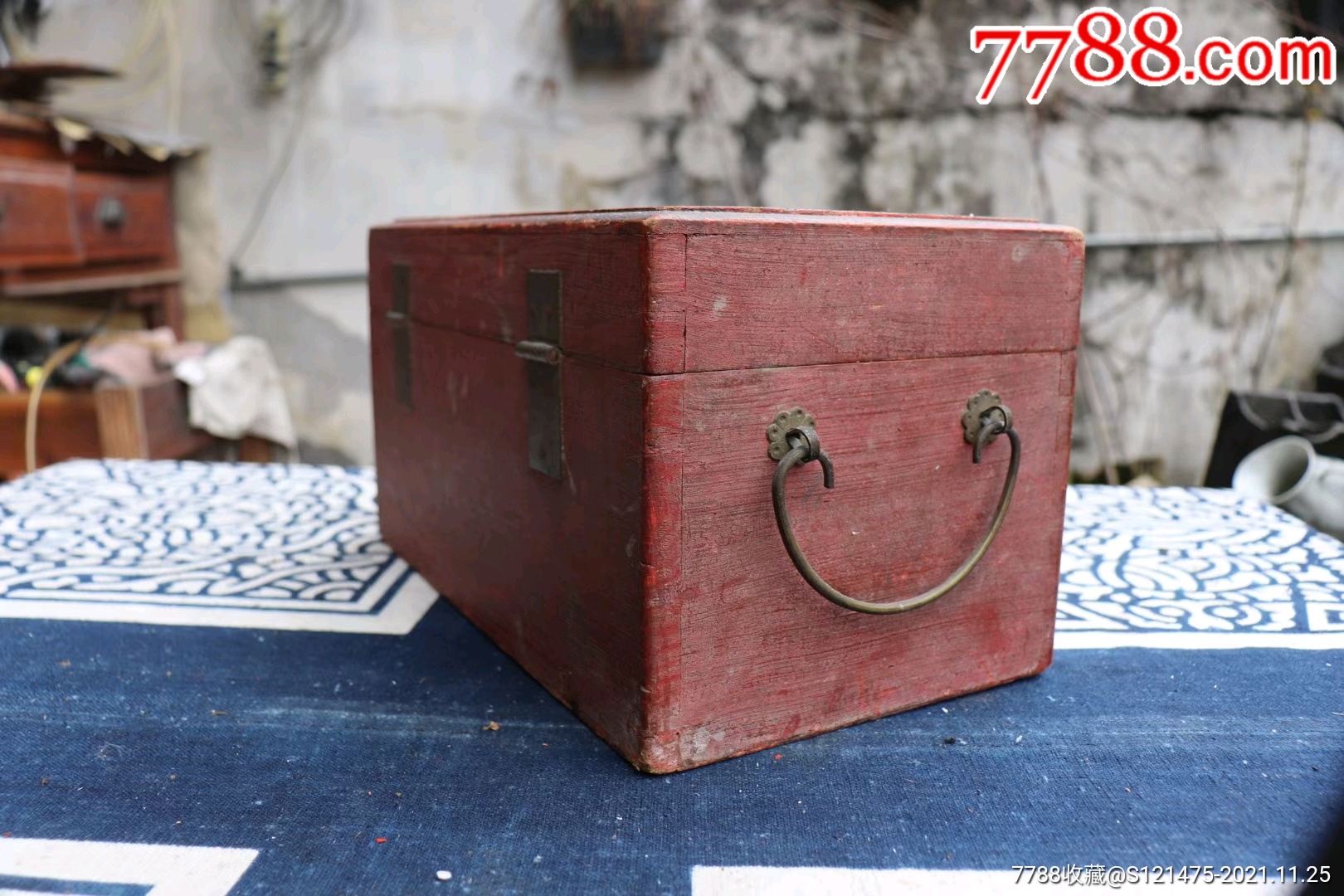 民俗老物件一线货源收购老木手绘带蝴蝶铜攀铜钱盒首饰盒全品特价280