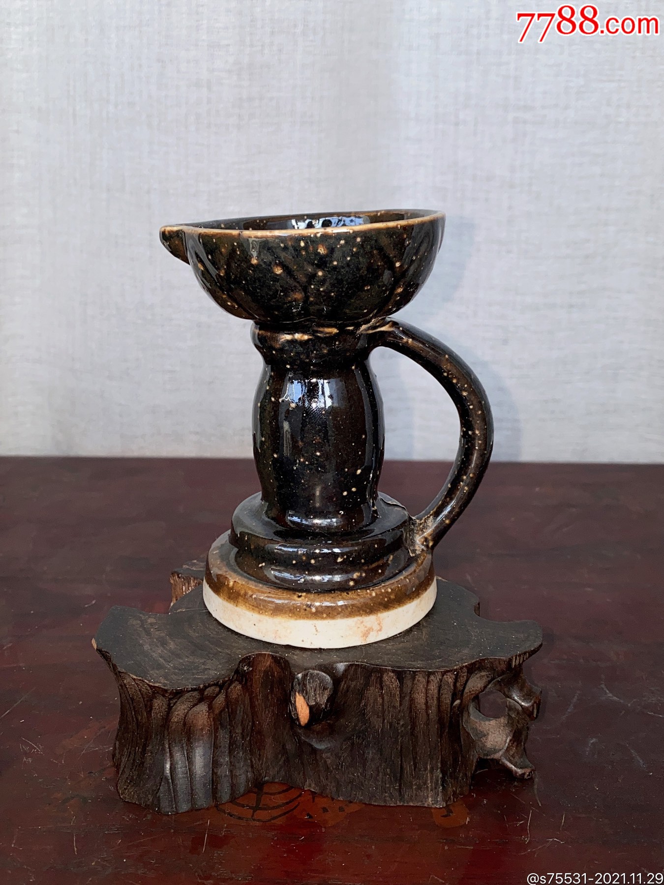 50年代淄博窑生产莲瓣黑釉老油灯民俗老物件-价格:75元-se84030980-黑