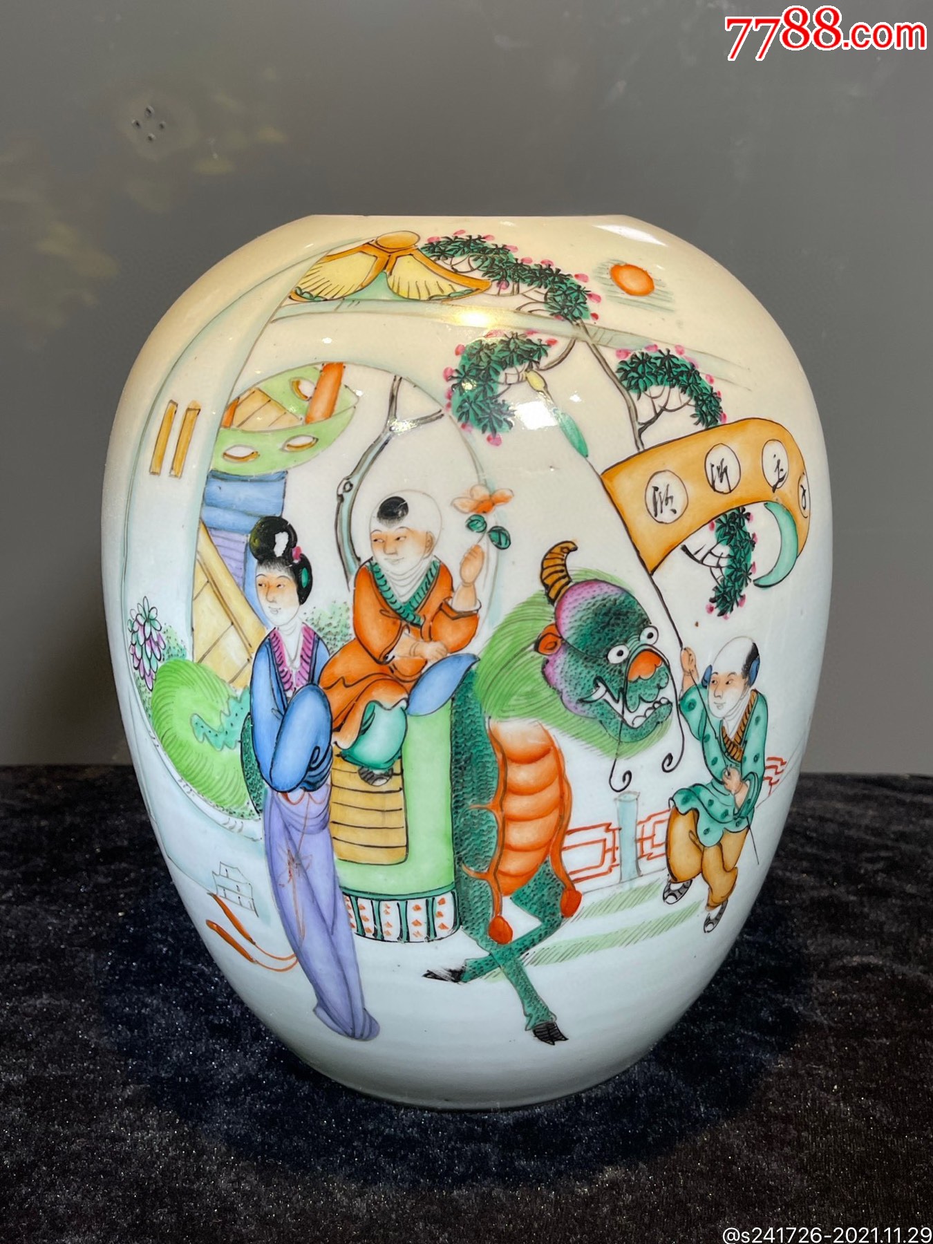 hb6881民国名家张荣顺作麒麟送子人物诗文粉彩冬瓜罐