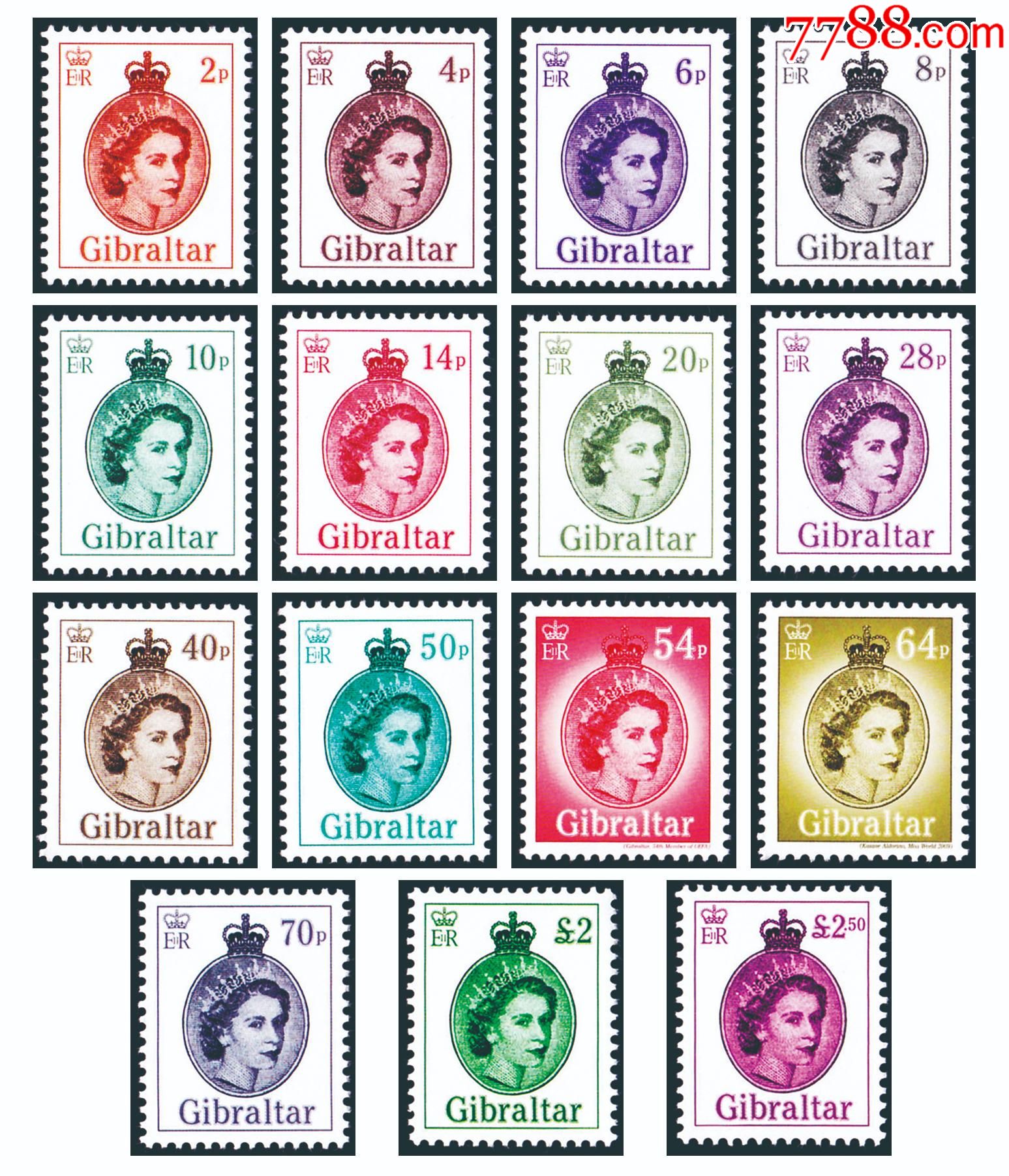 2014年女王不干胶普通邮票15枚含高值票