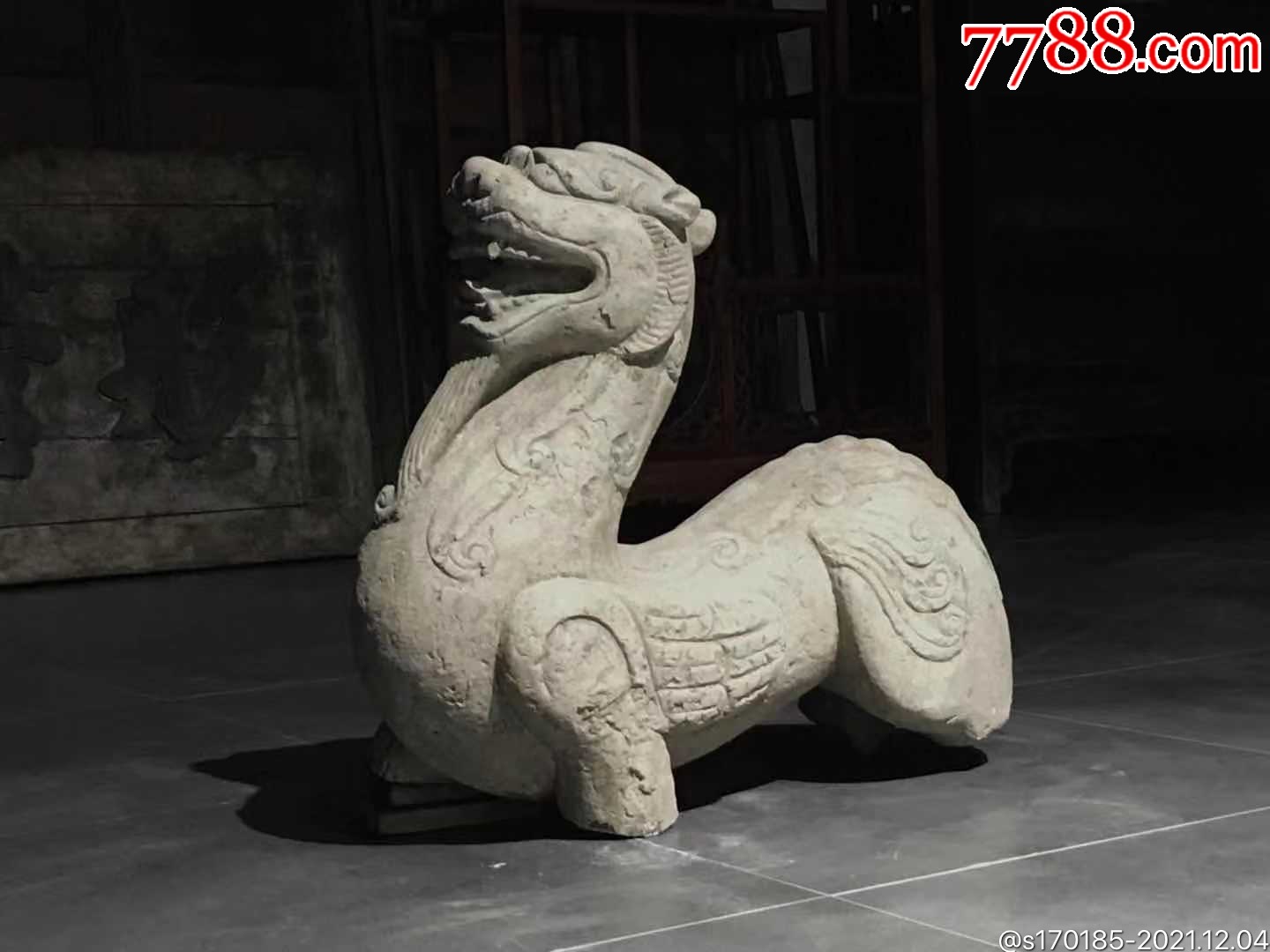 辟邪貔貅兽尺寸长约68高53青石瑞兽头生龙角后仰侧生双翼