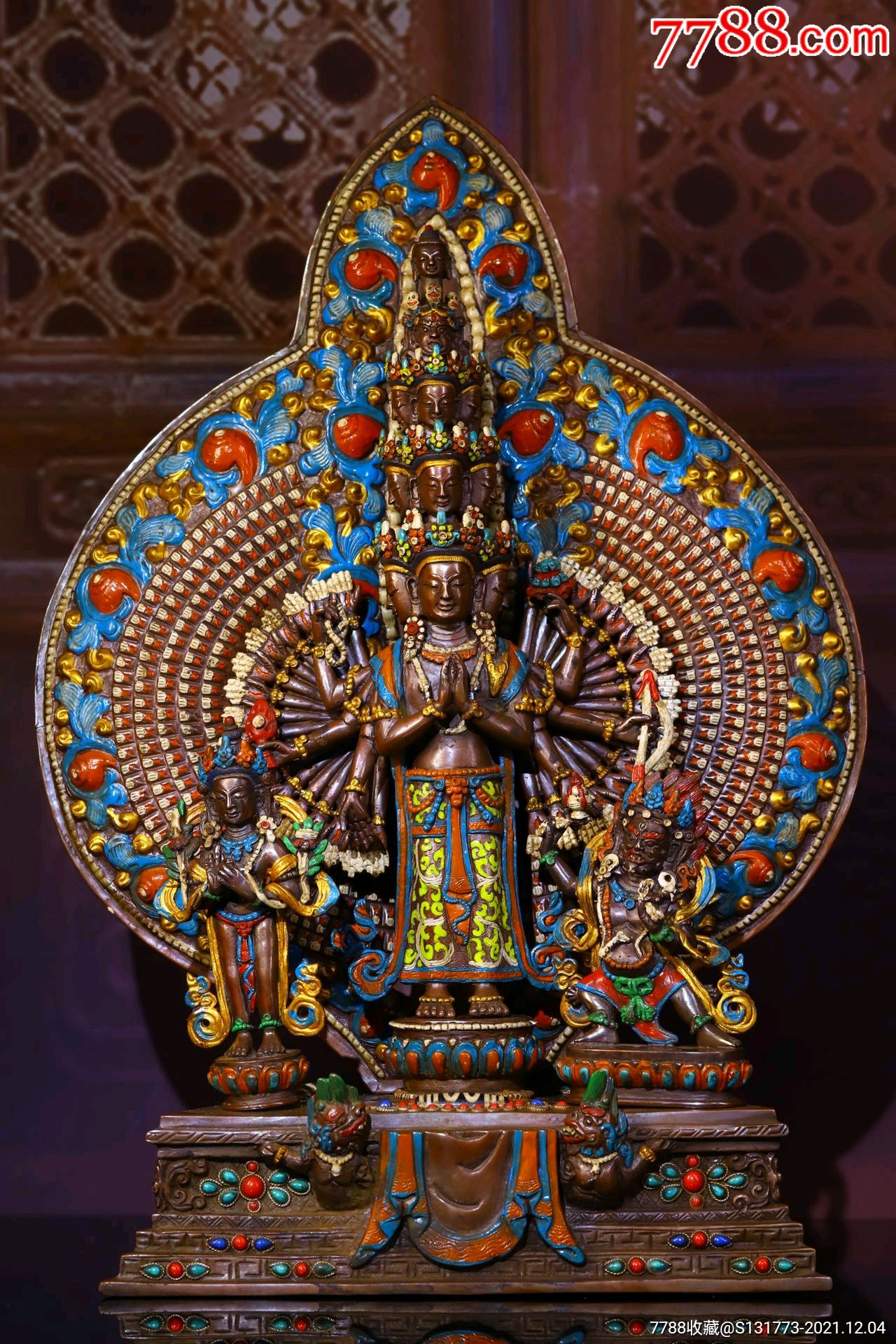 佛像千手观音紫铜纯手工敲打錾刻描彩掐丝镶嵌宝石天珠千手观音高3