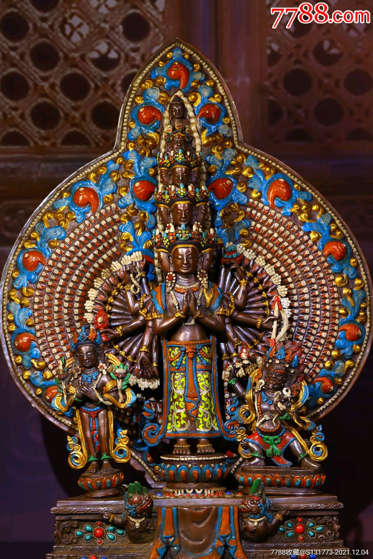 佛像千手观音紫铜纯手工敲打錾刻描彩掐丝镶嵌宝石天珠千手观音高3