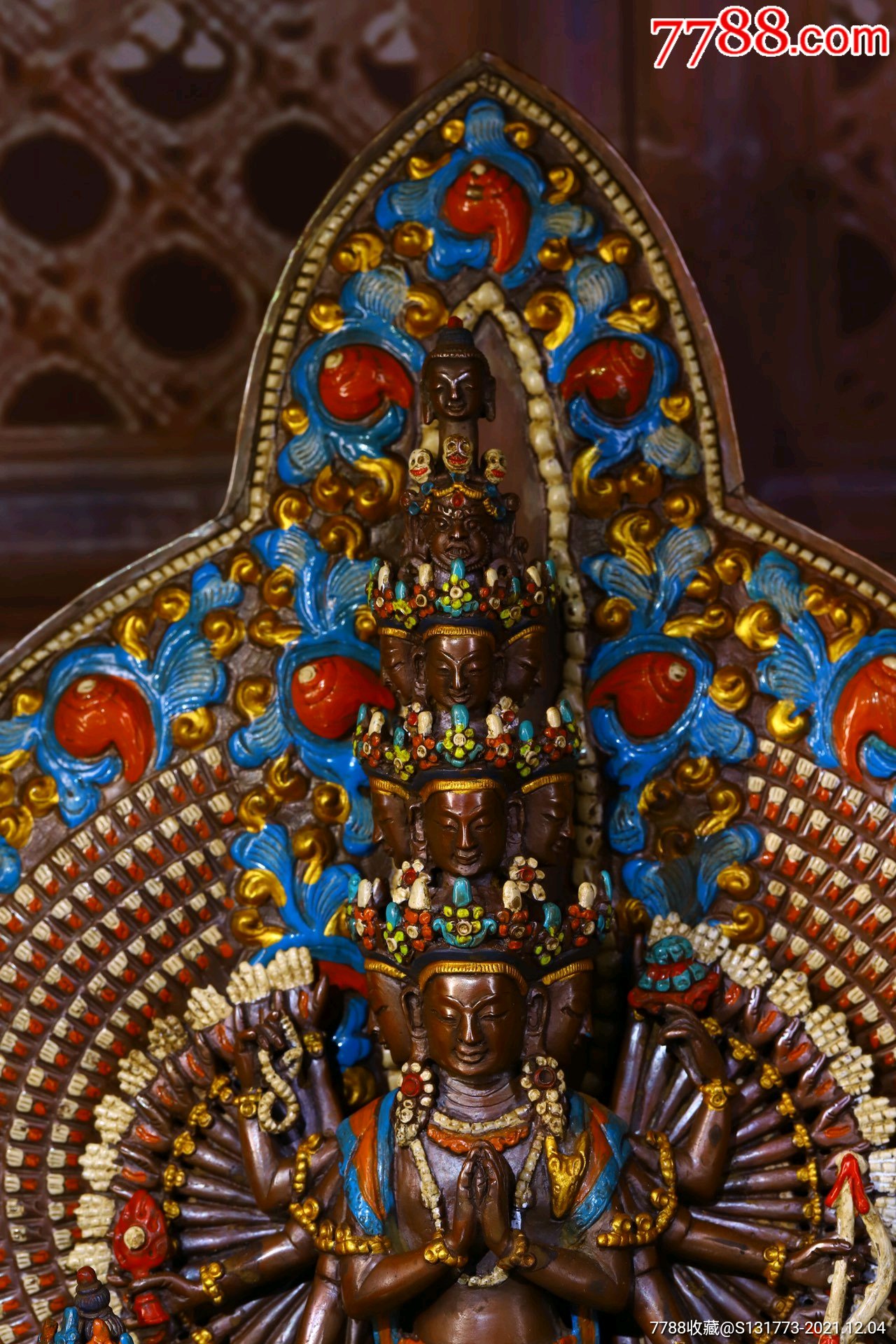 佛像千手观音紫铜纯手工敲打錾刻描彩掐丝镶嵌宝石天珠千手观音高3