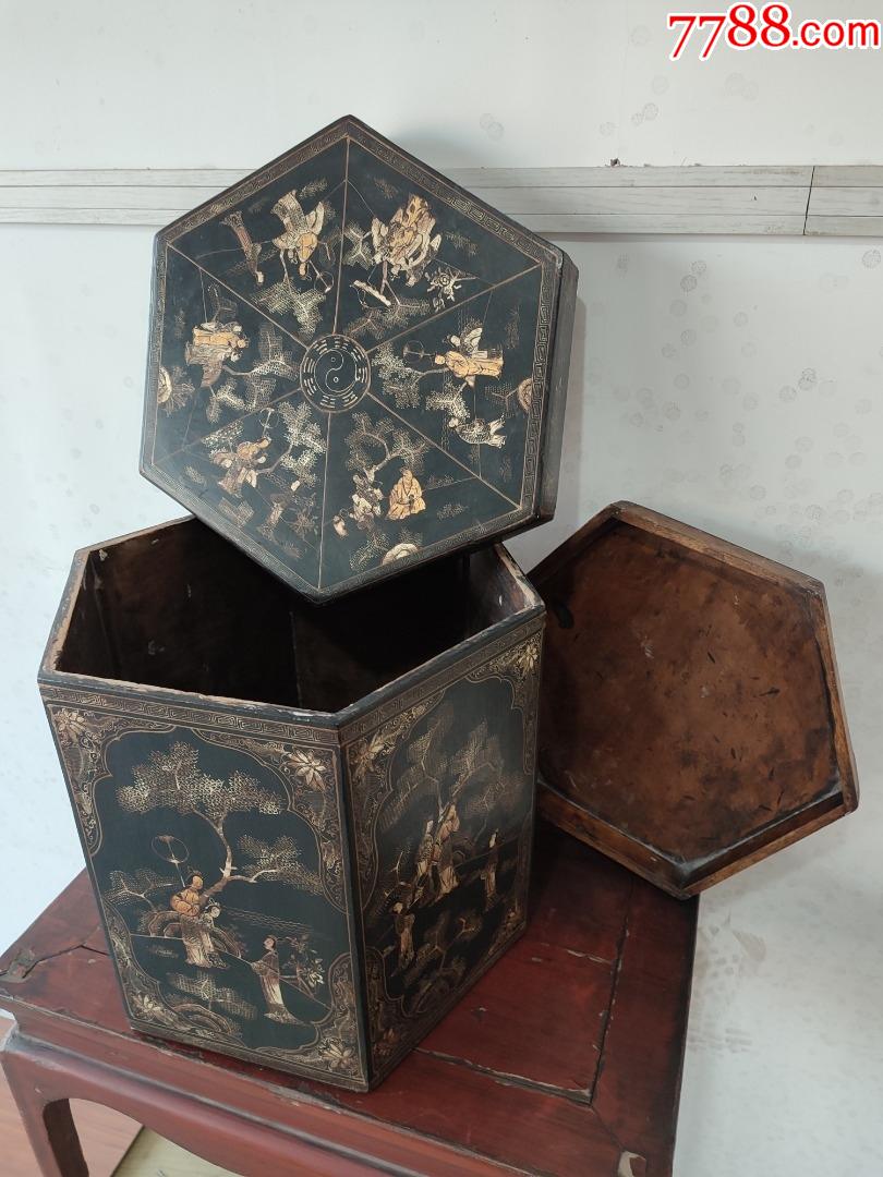 黑大漆描金彩绘人物故事六角形帽盒