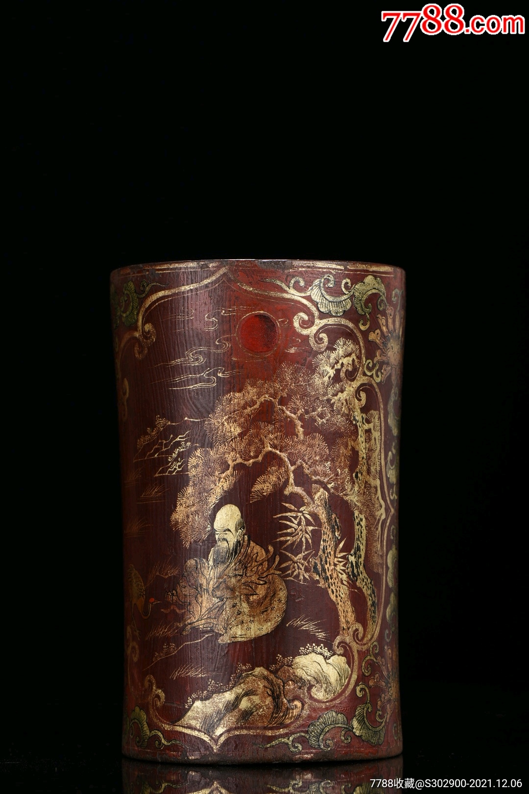 木胎描金漆器鹤鹿同春笔筒高165口径1o重378克