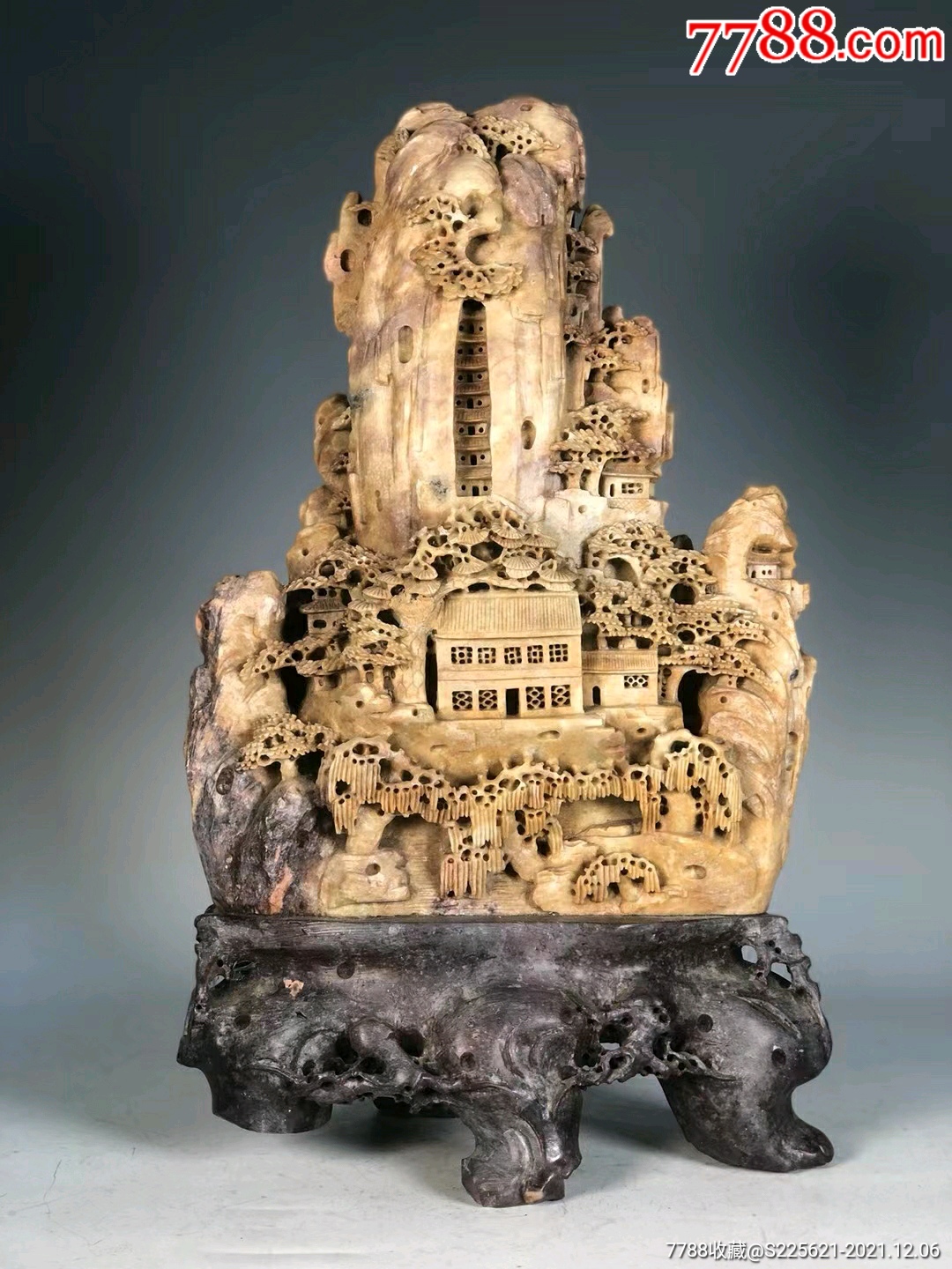 青田石俏色巧雕蓬莱仙阁案头山子摆件-价格:7200元-se84176061-青田石