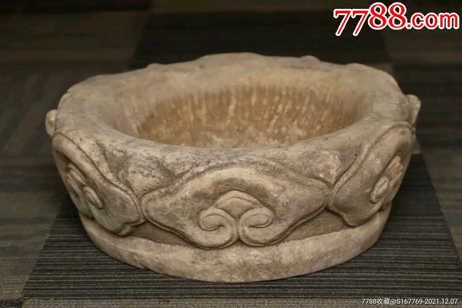 明代浮雕如意纹汉白玉盆全品无磕碰