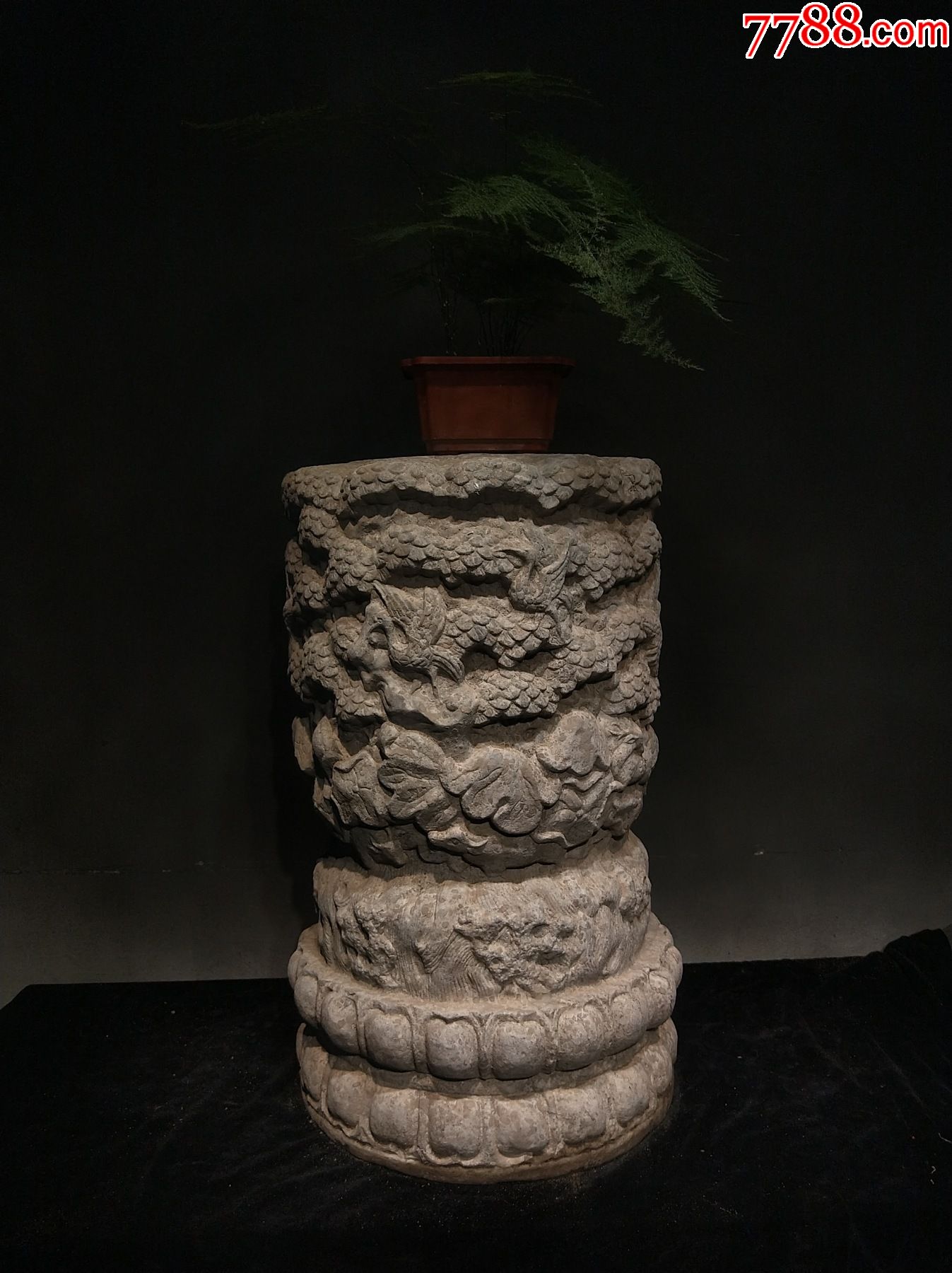 精美满工高浮雕鹤鹿同春盆几架