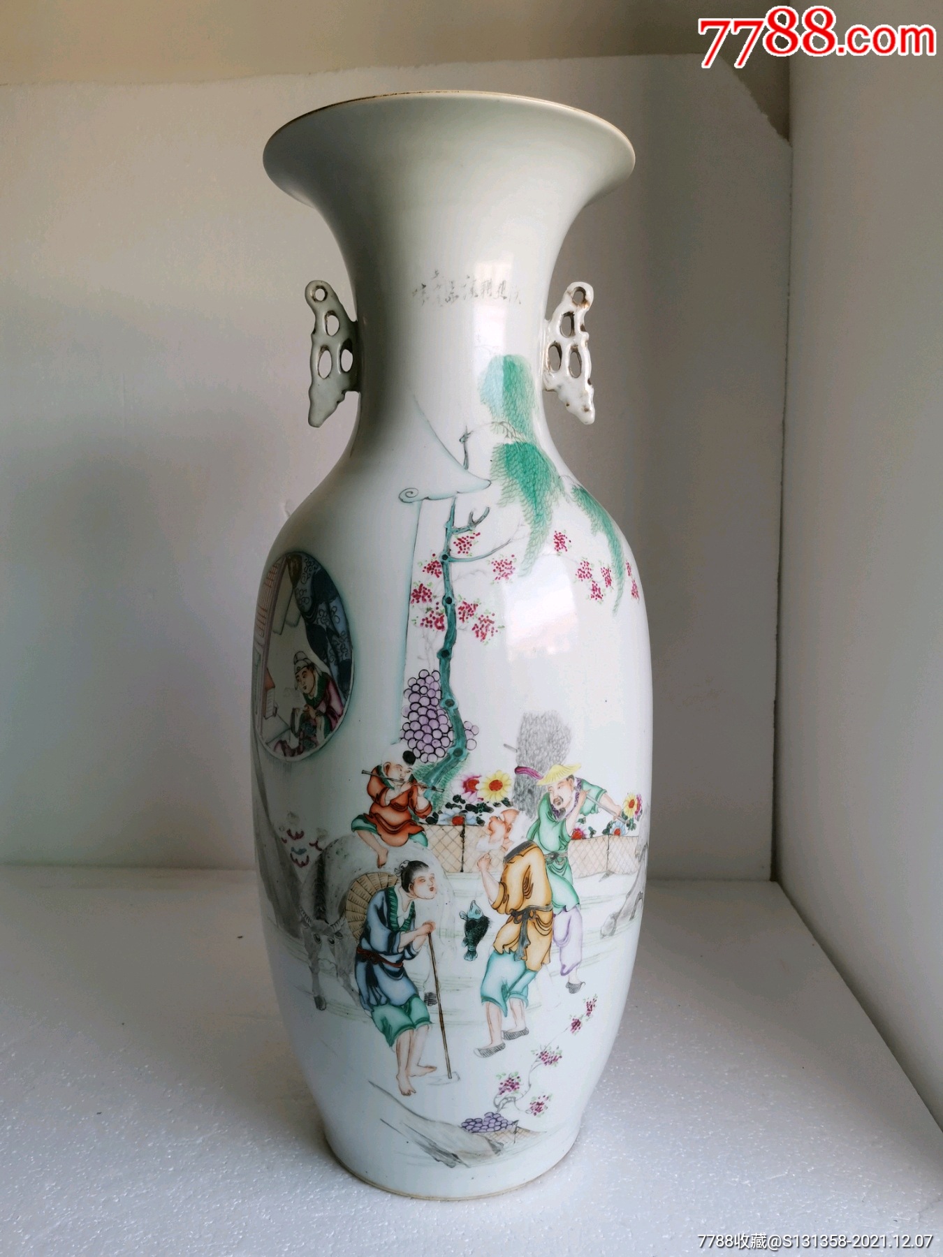 清末民初名家毛子荣粉彩人物渔樵耕读三百件大瓶全品