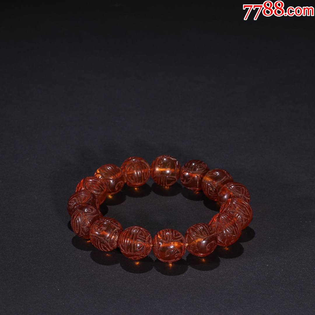 天然老琥珀刻团寿圆珠手串