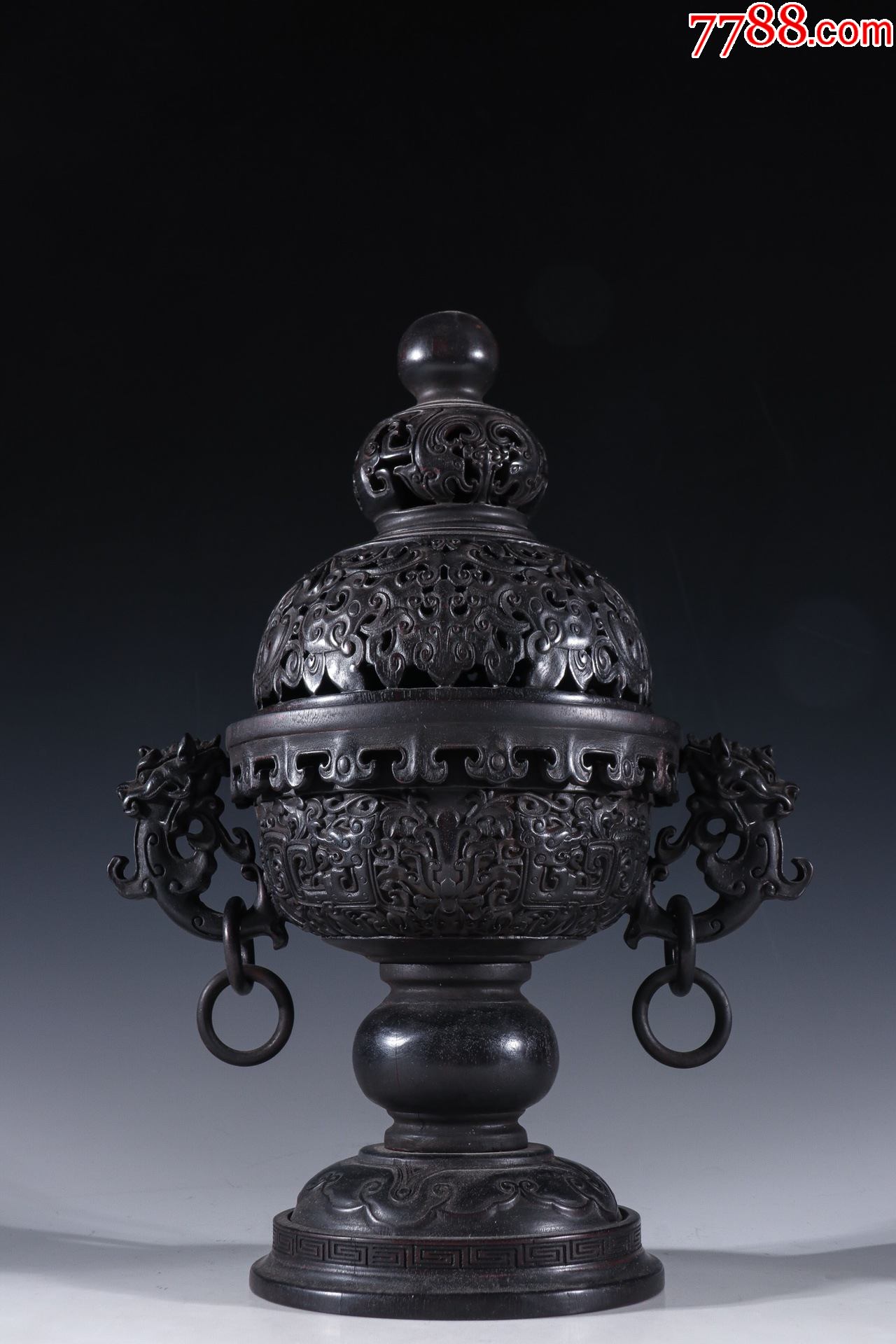 小叶紫檀木兽面纹双耳香薰