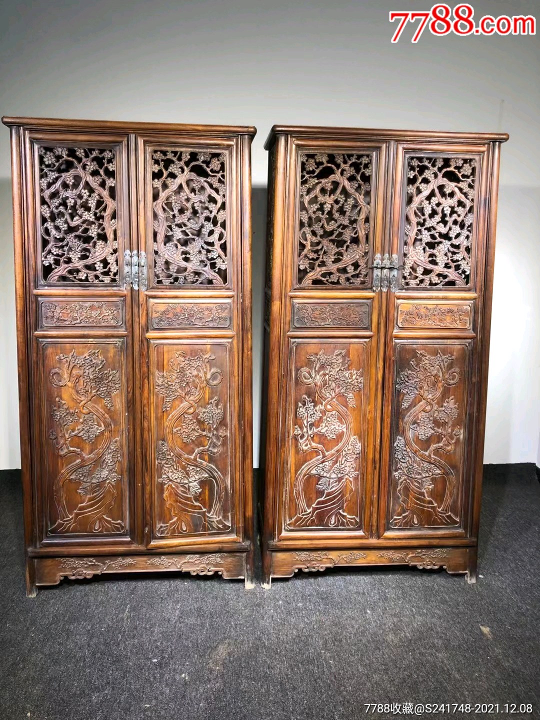 清代海南黄花梨面条柜一对古董传世老家具