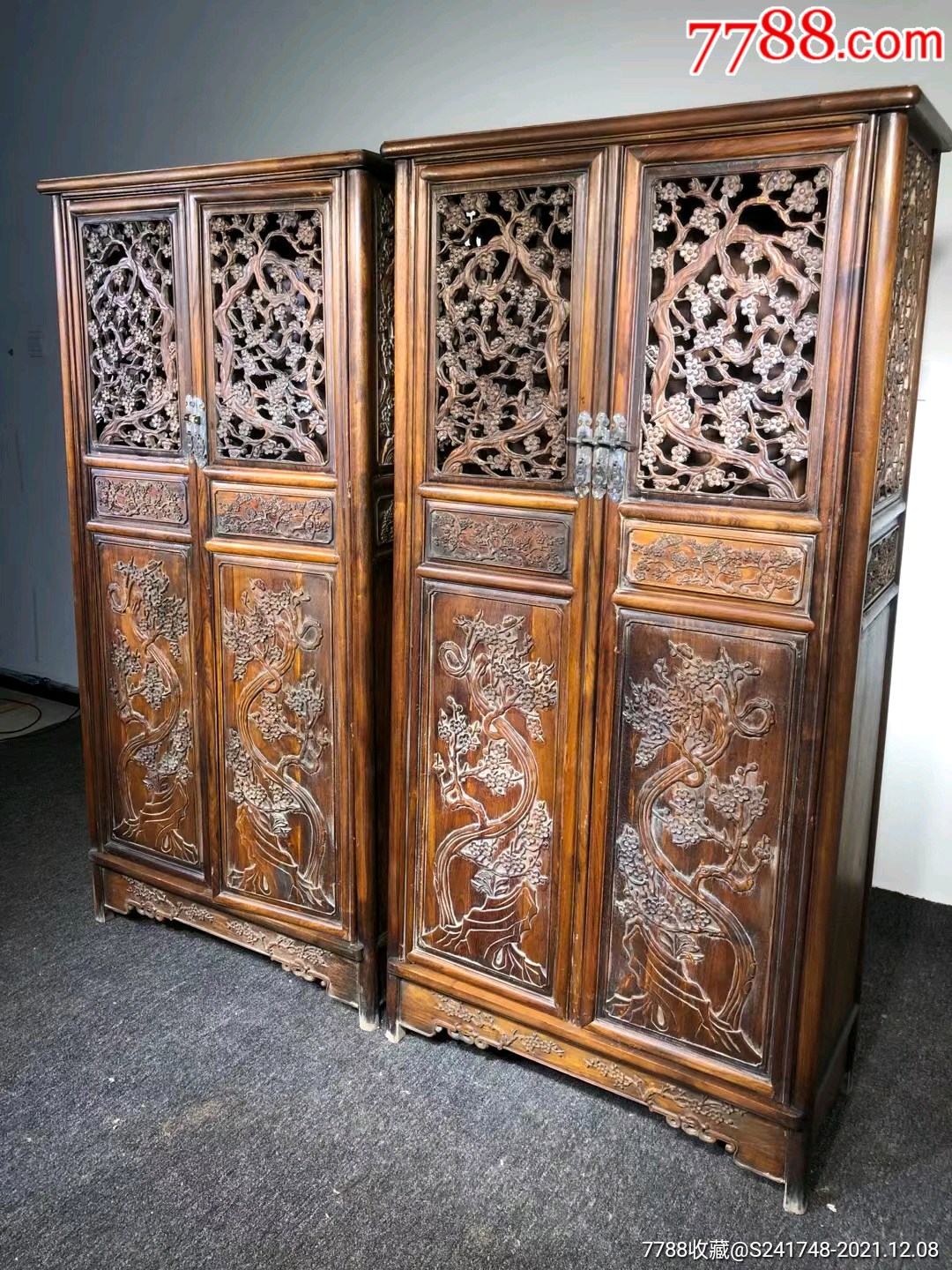 清代海南黄花梨面条柜一对古董传世老家具