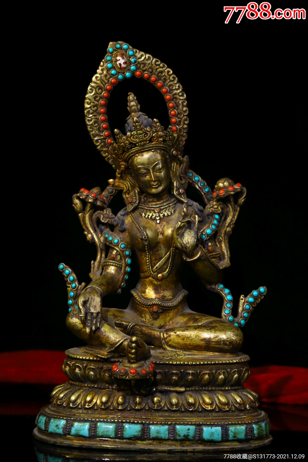 铜胎纯手工錾刻鎏金掐丝镶嵌宝石度母佛像高27㎝宽16㎝重约2000克