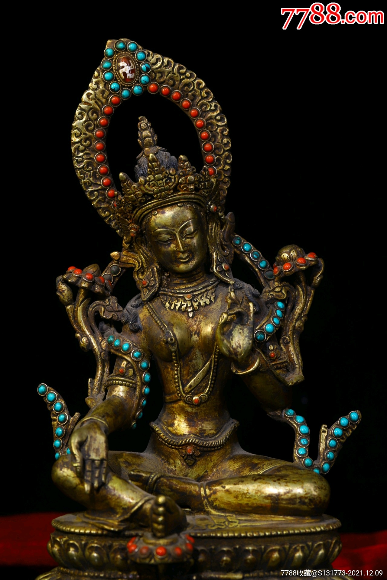 铜胎纯手工錾刻鎏金掐丝镶嵌宝石度母佛像高27㎝宽16㎝重约2000克