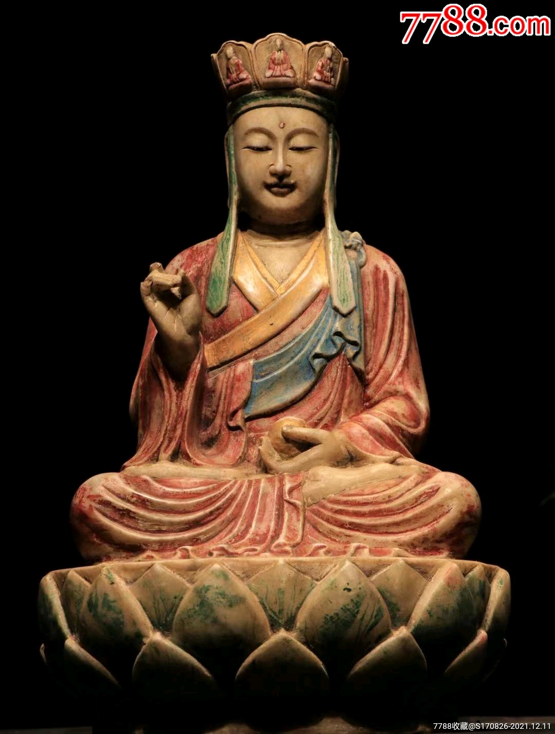 地藏王菩萨造像汉白玉高58长36宽30厘米开脸慈祥头戴毗卢冠身着僧袍袈