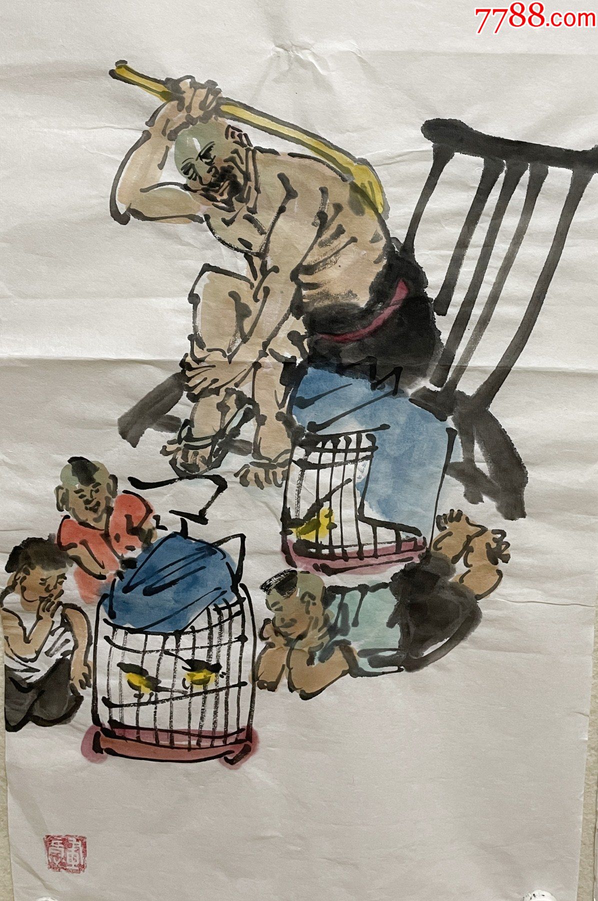 真迹保真李茂林山东书画名家四尺四条屏水墨人物画2老北京风俗人情