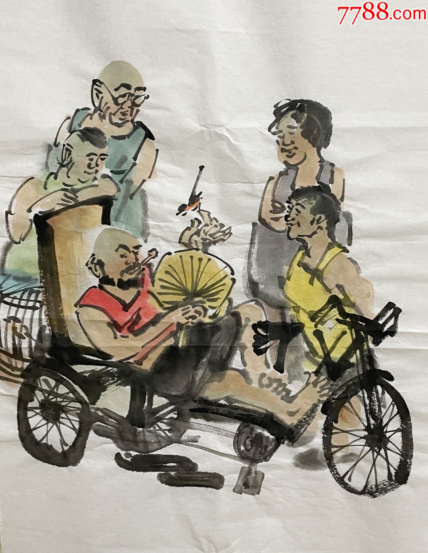 真迹保真李茂林山东书画名家四尺四条屏水墨人物画2老北京风俗人情