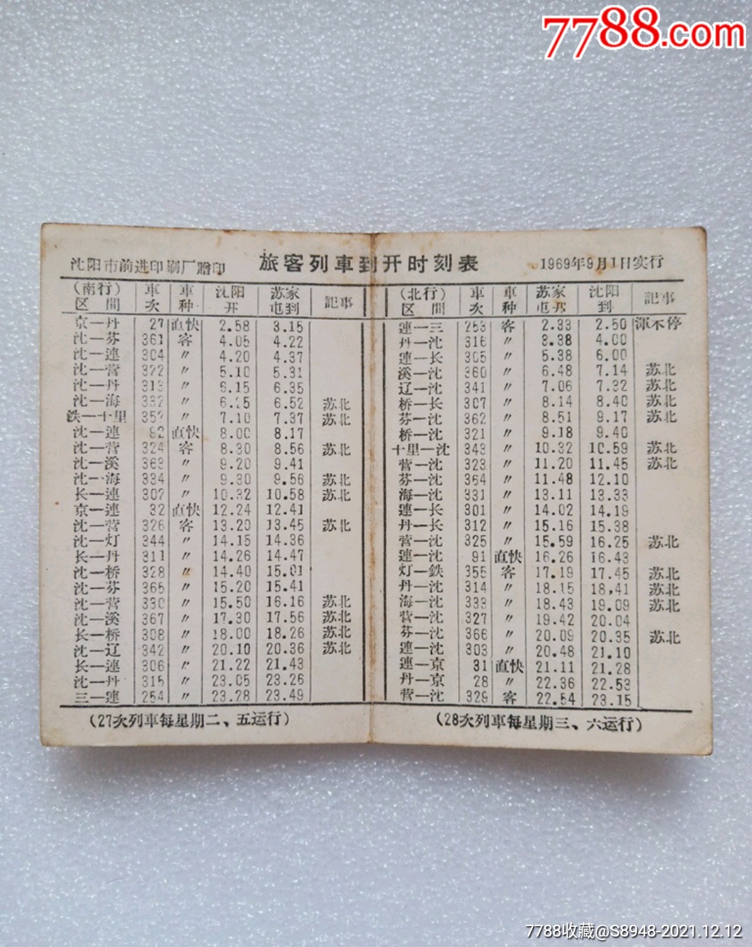 1969年沈阳旅客列车到开时刻表