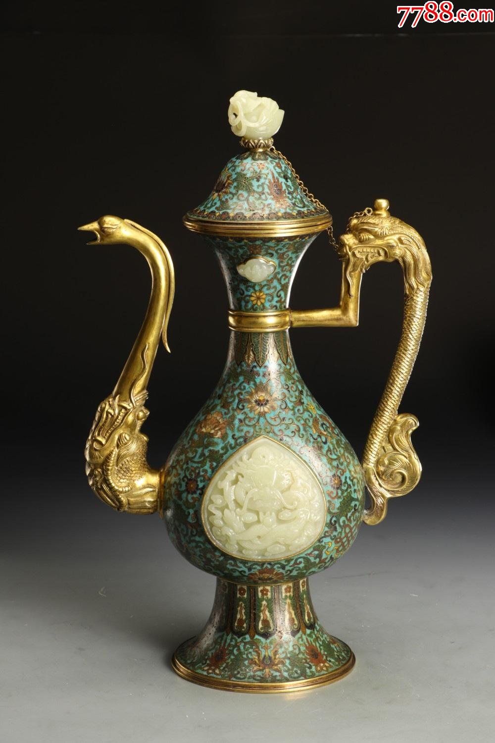 掐丝珐琅嵌白玉龙吐珠纹执壶