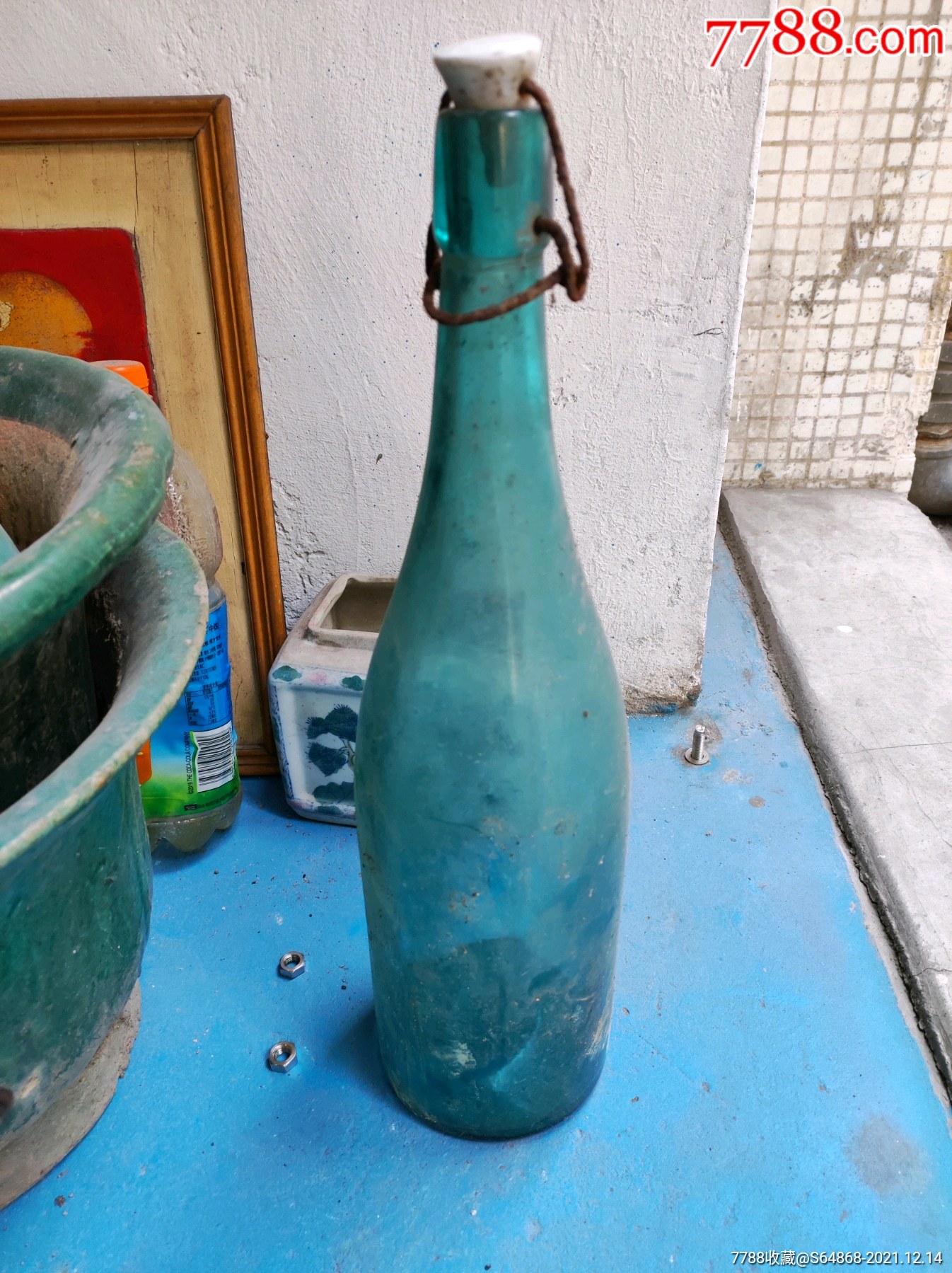 民国时期蓝色玻璃酒大瓶陶瓷塞盖-酒瓶-7788商城__七七八八商品交易