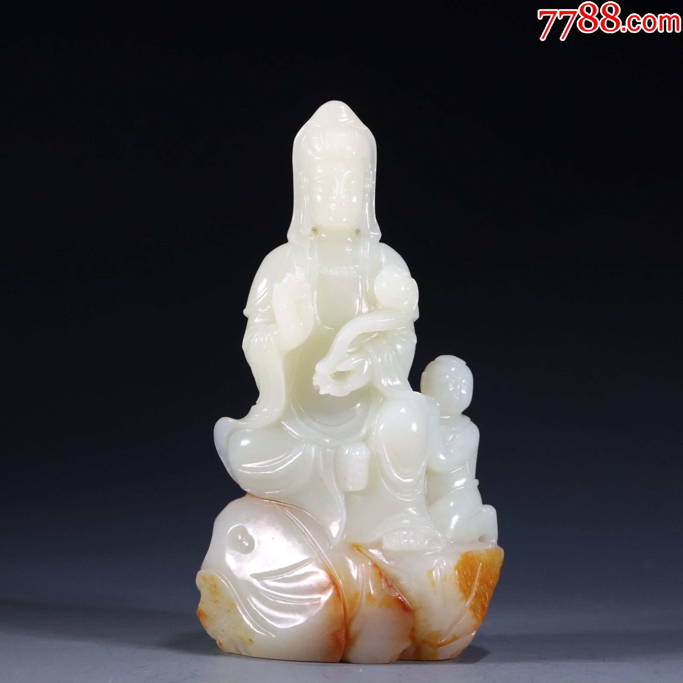 和田玉童子拜观音摆件