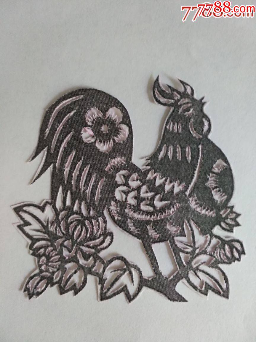 纯手工老剪纸雄鸡戏牡丹