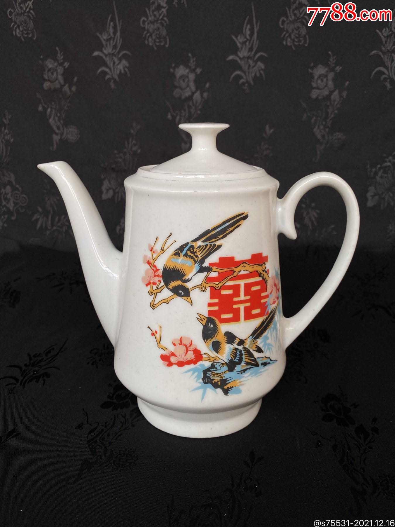 80年代博山陶瓷厂生产喜上眉梢双喜茶具一壶六杯民俗老物件