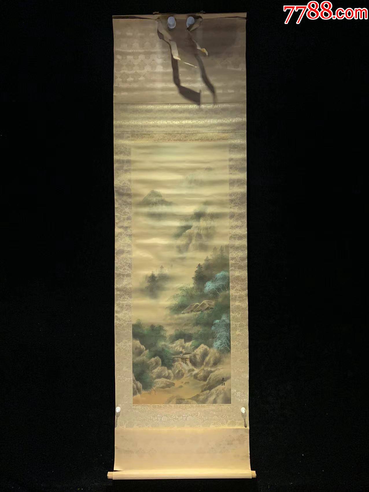 日本回流字画东湖款翠峰樵夫山水4146绢本书画挂轴真迹收藏