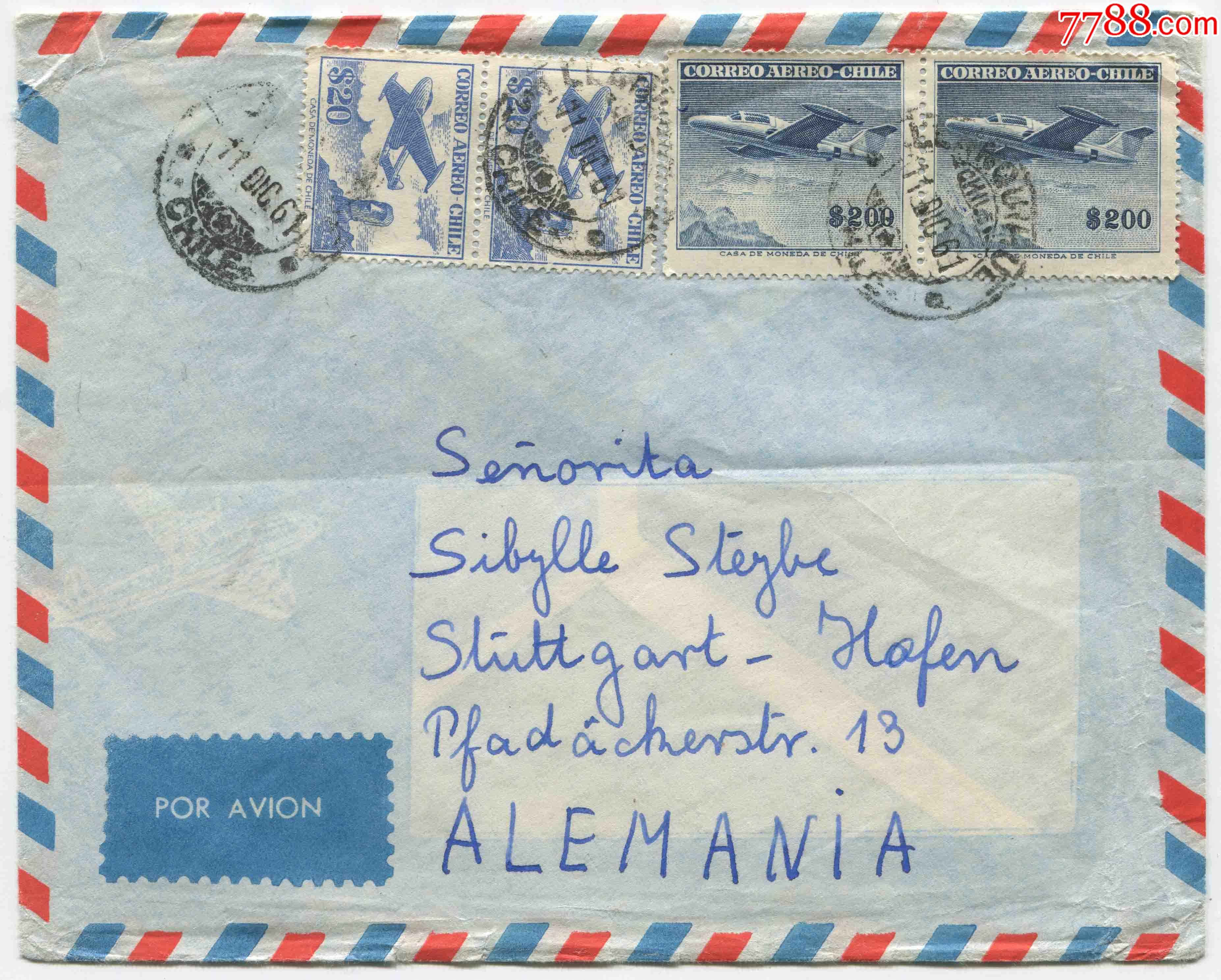 智利邮票1961年实寄封飞机fdcf25
