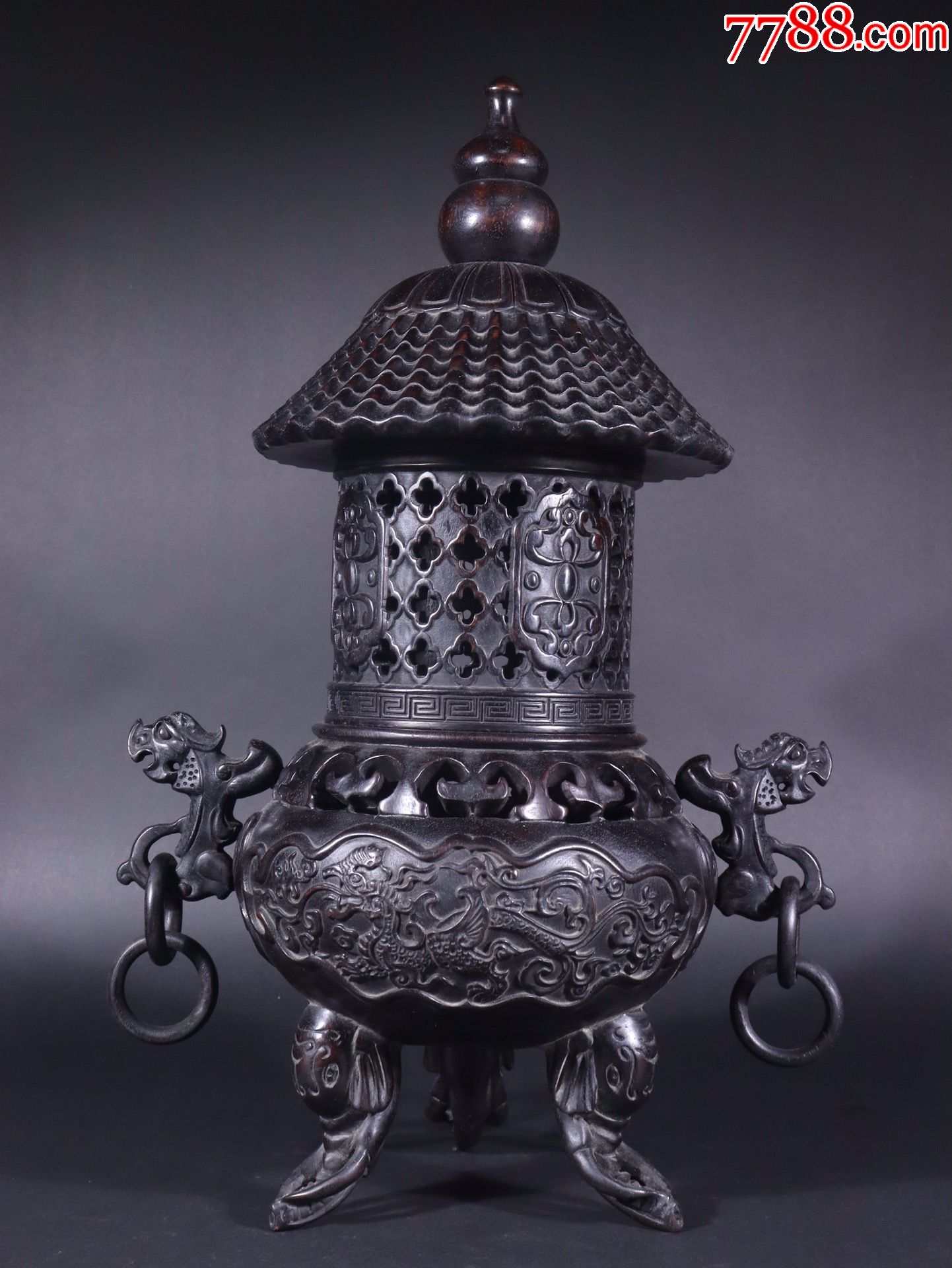 紫檀木祥龙纹象足塔式香薰炉