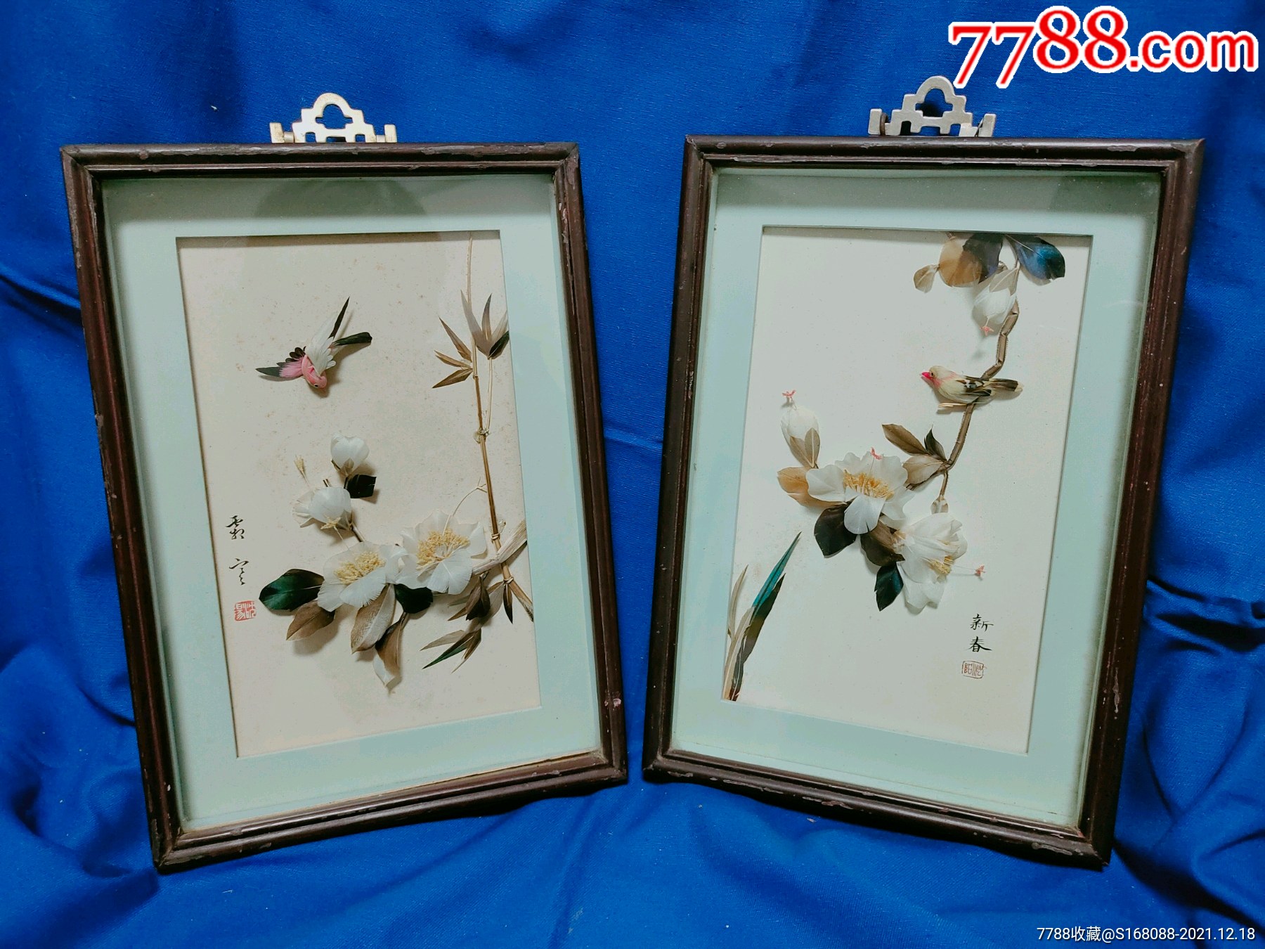怀旧古董老物件花鸟古董羽毛画老挂画老手工艺品画古董羽毛画-价格