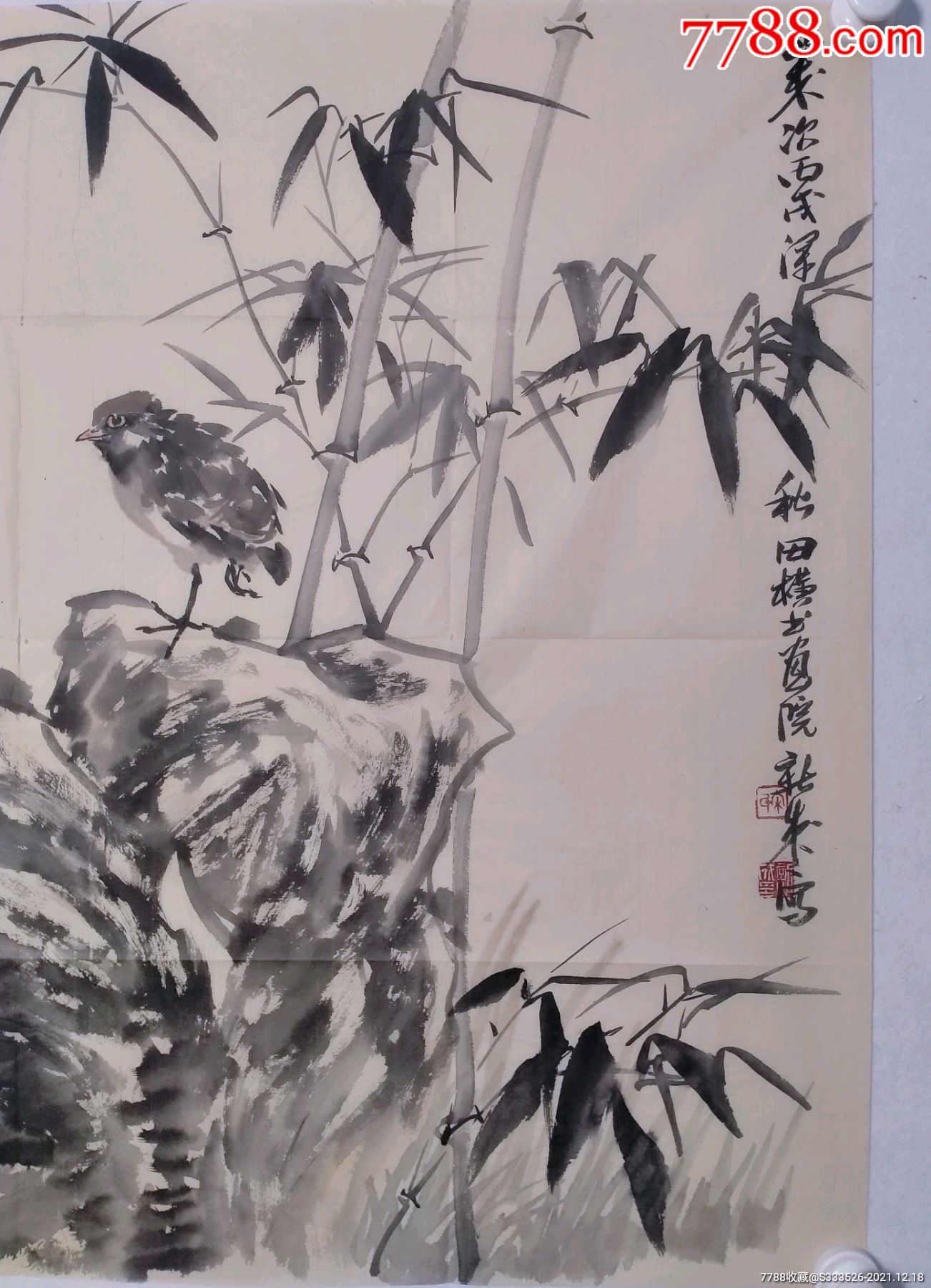 宋新成四尺斗方竹石小鸟一幅尺寸6968纸本画心
