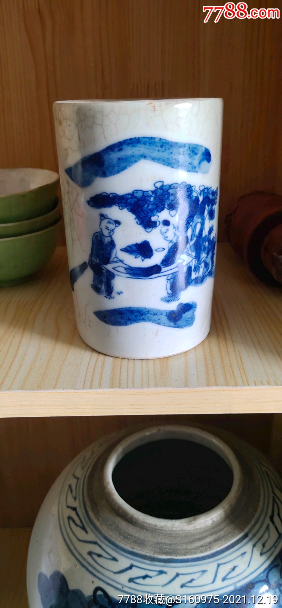 清代哥釉青花人物笔筒-价格:1888元-se84420094-青花瓷-零售-7788书法