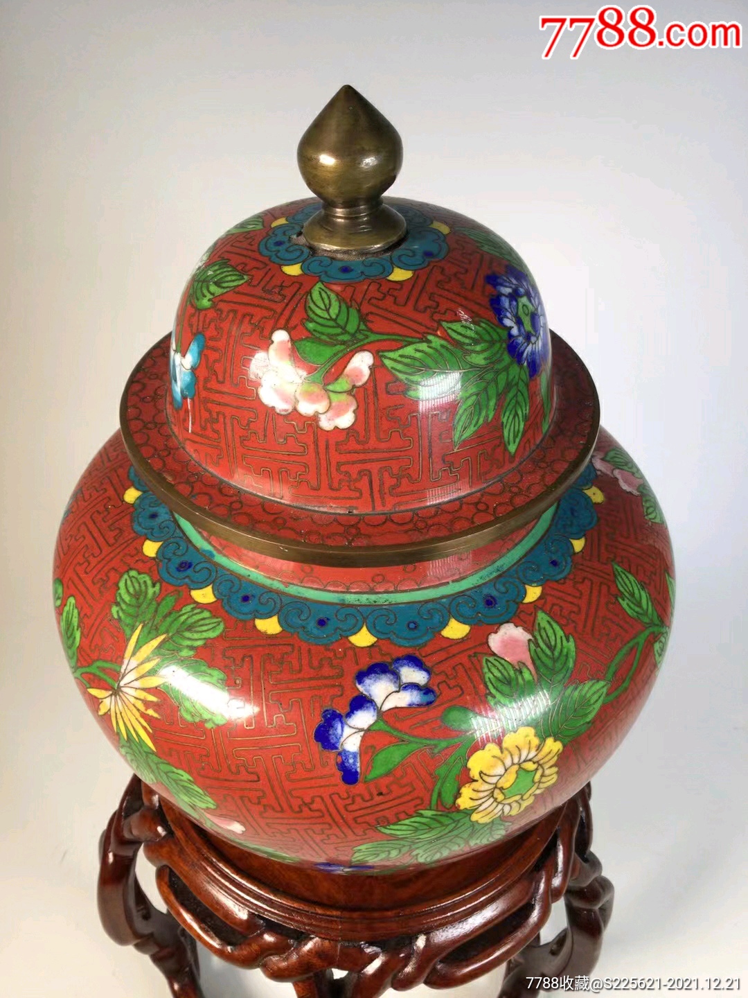 民国景泰蓝红底万寿无疆锦地花卉纹超大茶叶罐_第2张_7788陶瓷