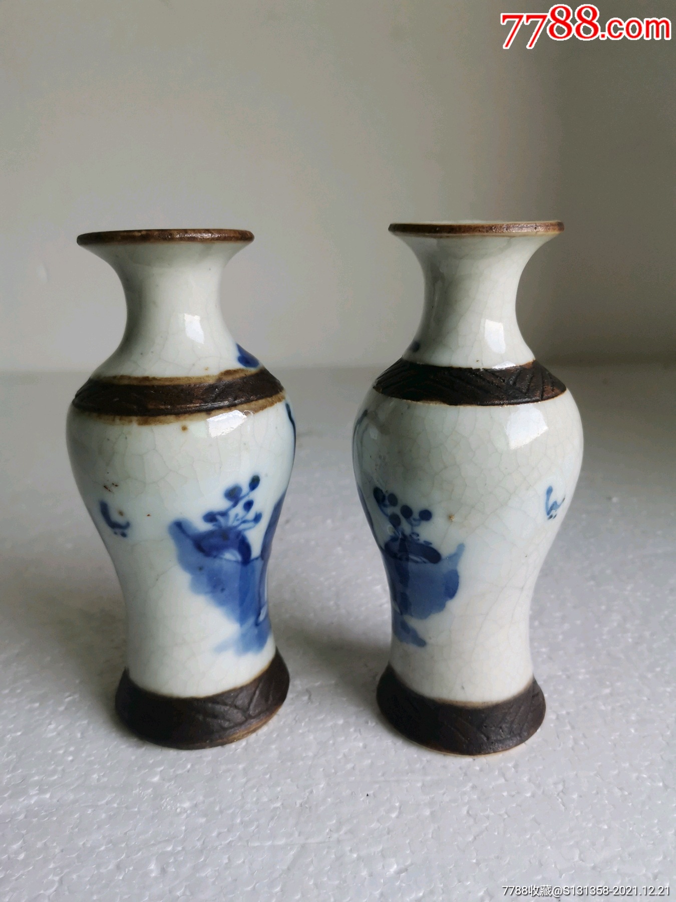 晚清哥釉青花人物携琴访友小观音瓶一对全品-价格:3500元-se84453661