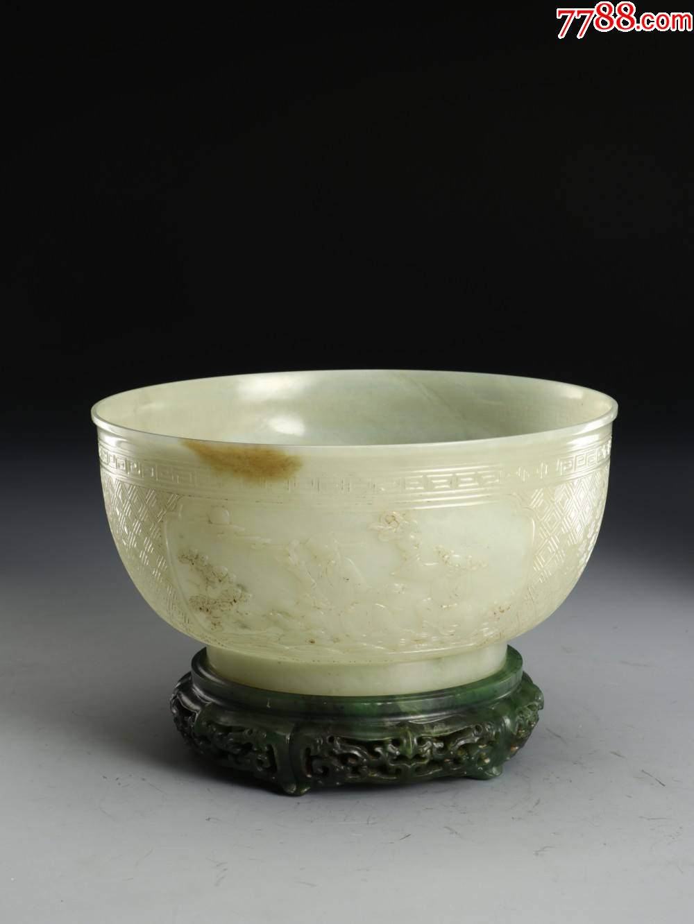 和田白玉回纹锦地开窗人物图碗原配碧玉镂空花卉纹底座