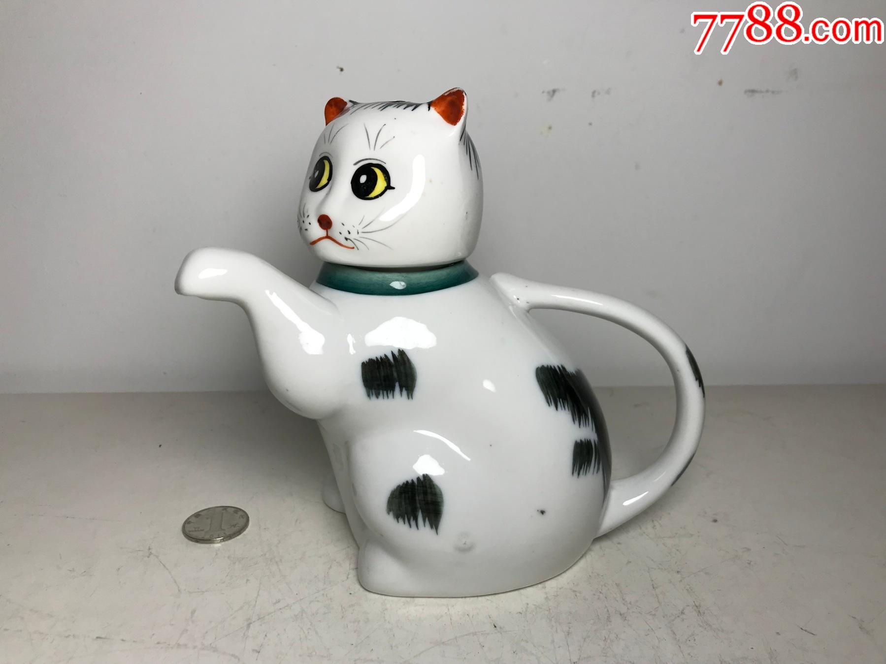 文革醴陵釉下彩猫型瓷壶