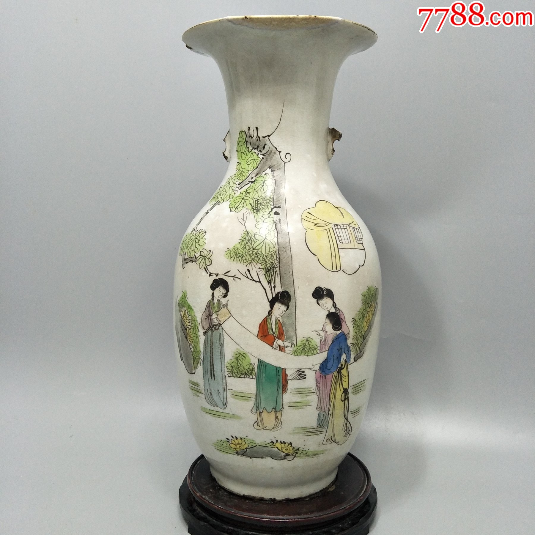 民国北方粉彩侍女胆瓶一只画工精美包老包邮口残掉耳特价不议价边远