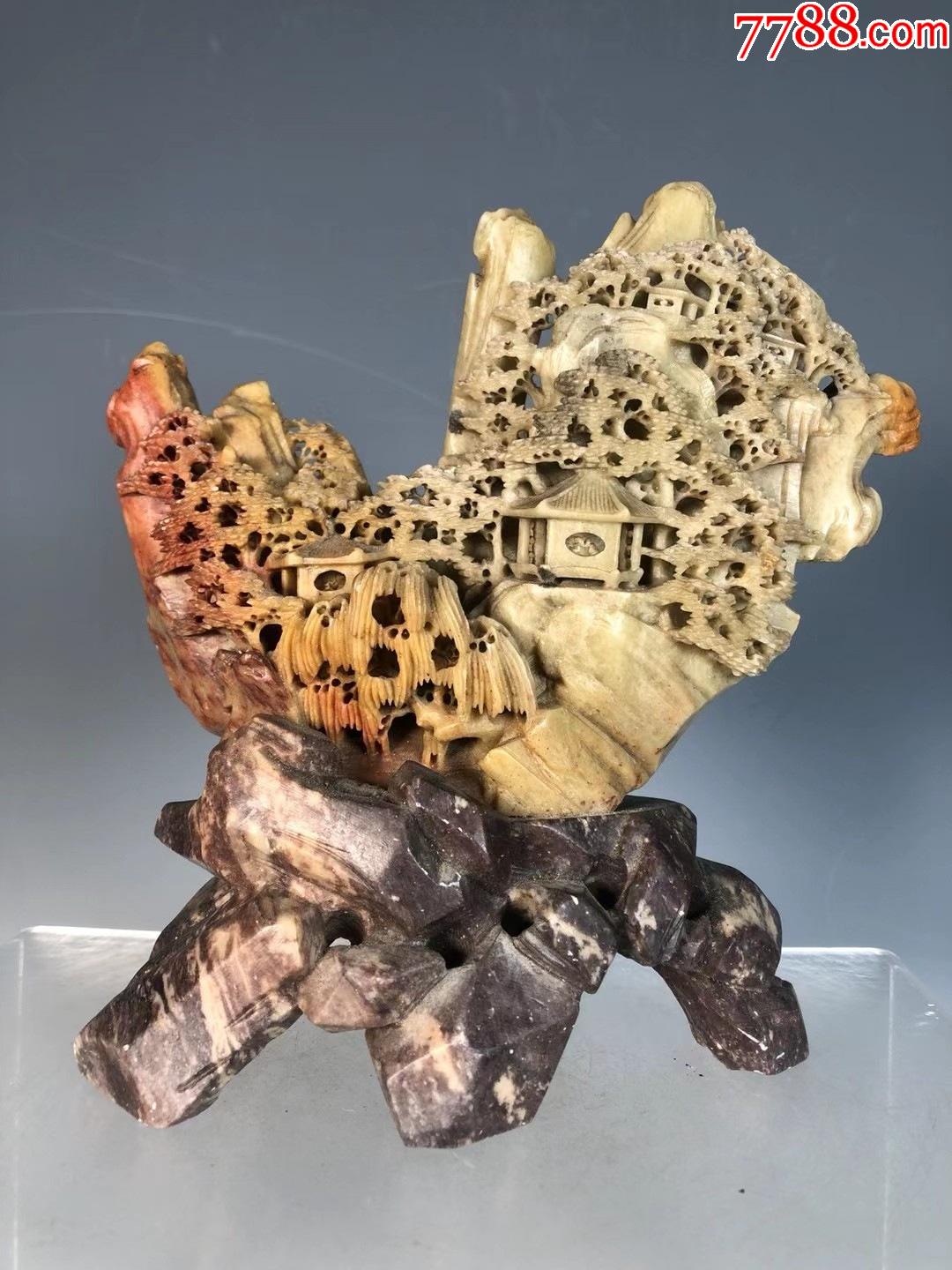 青田石俏色巧雕高山亭阁山子摆件