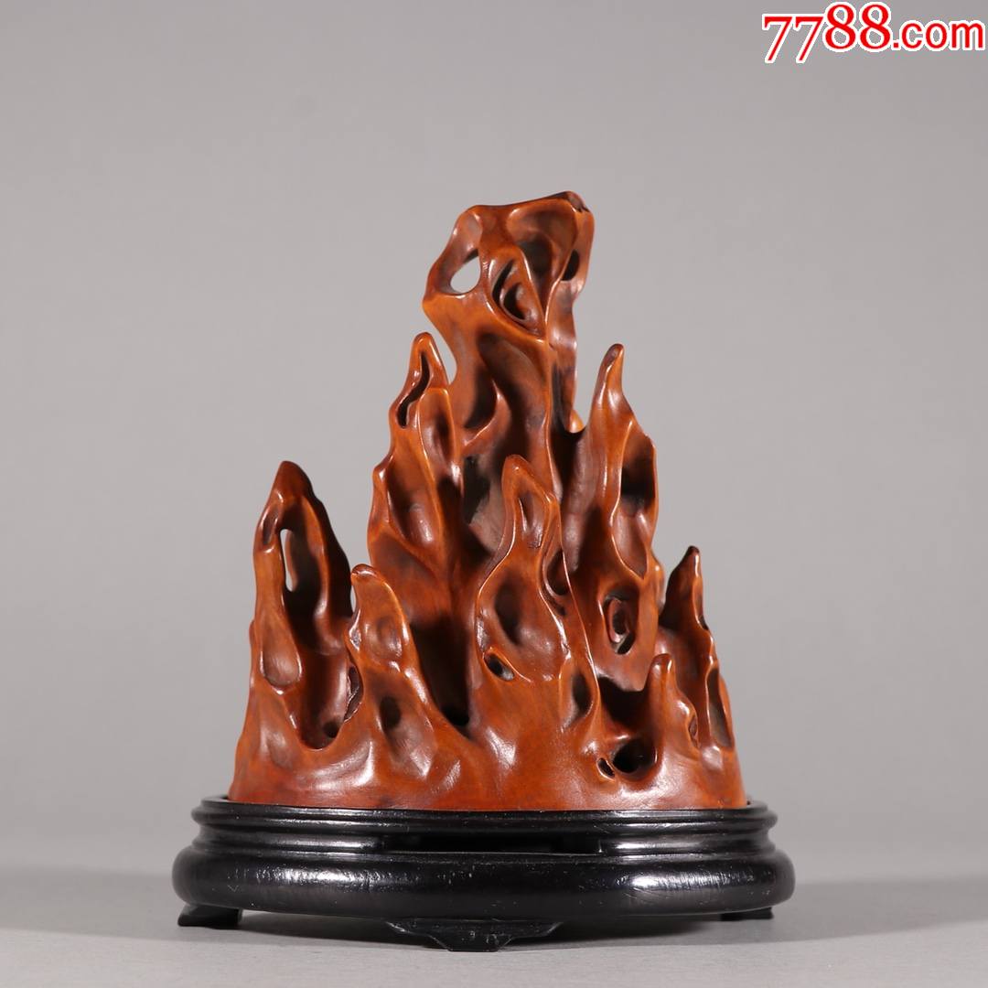 黄杨木带紫檀底山子香薰摆件