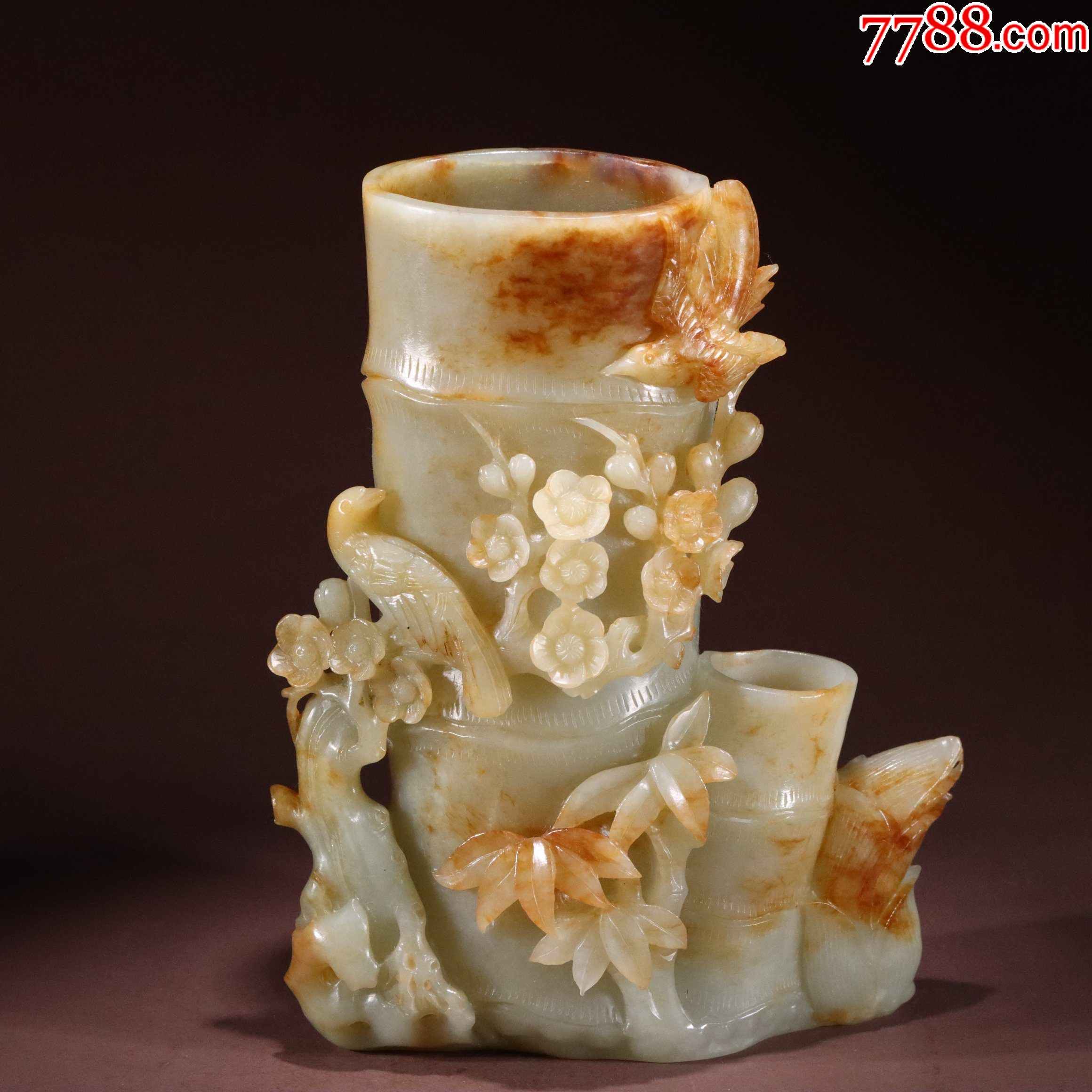 和田玉岁寒三友喜上眉梢笔筒