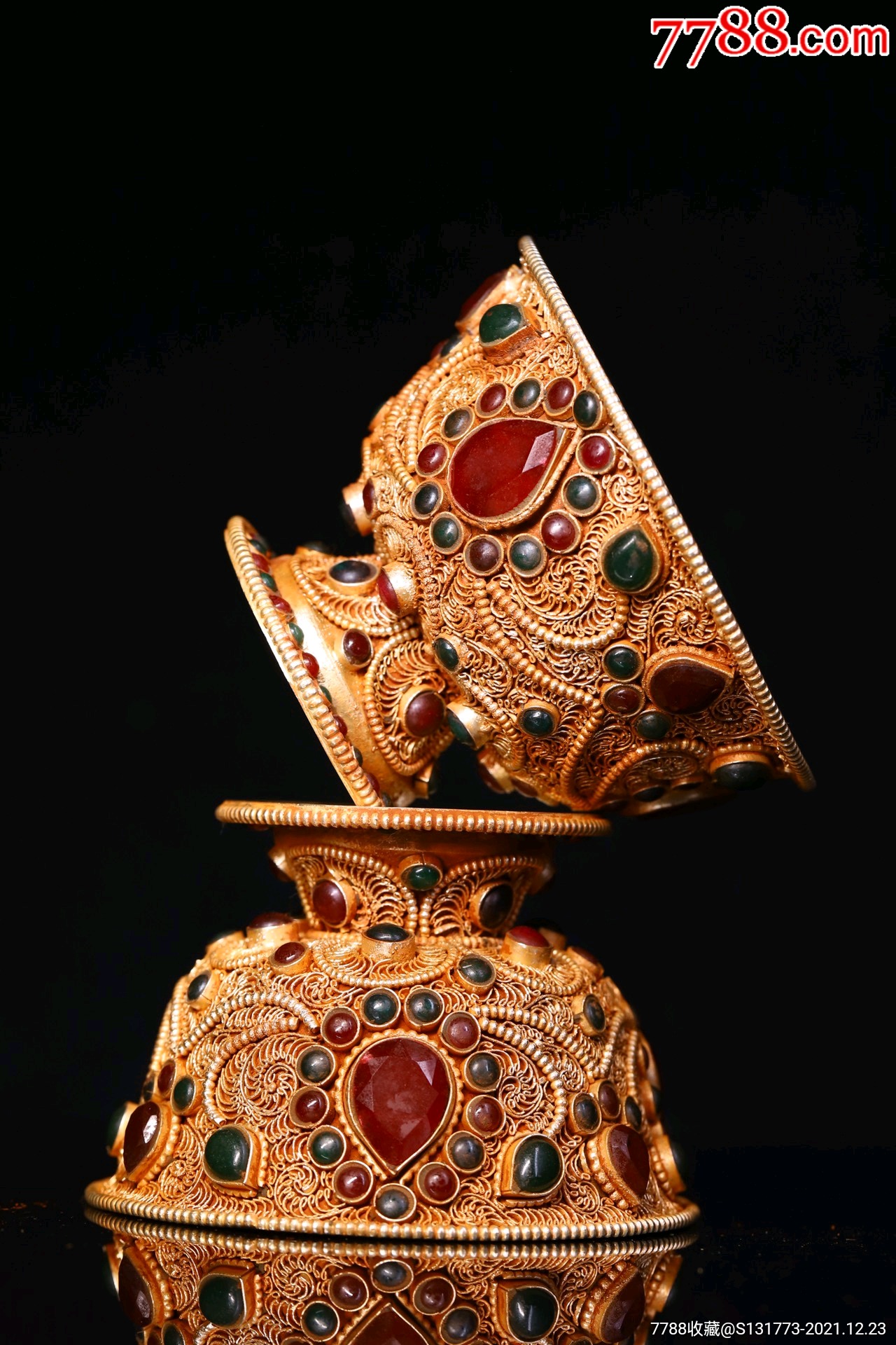 藏银纯手工掐丝镶嵌宝石供碗一对高7㎝宽10㎝重约540克