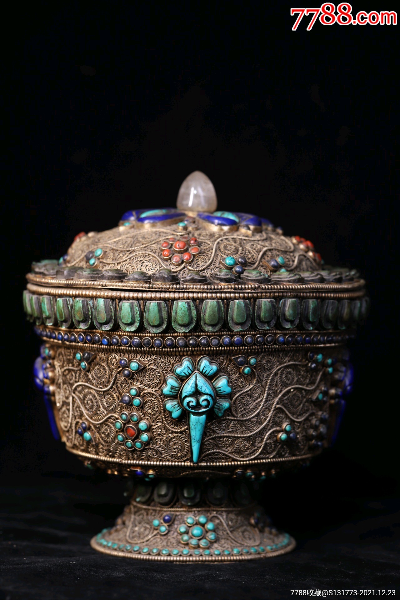 藏银纯手工敲打錾刻掐丝镶嵌宝石供碗高25㎝宽20㎝重约1880克