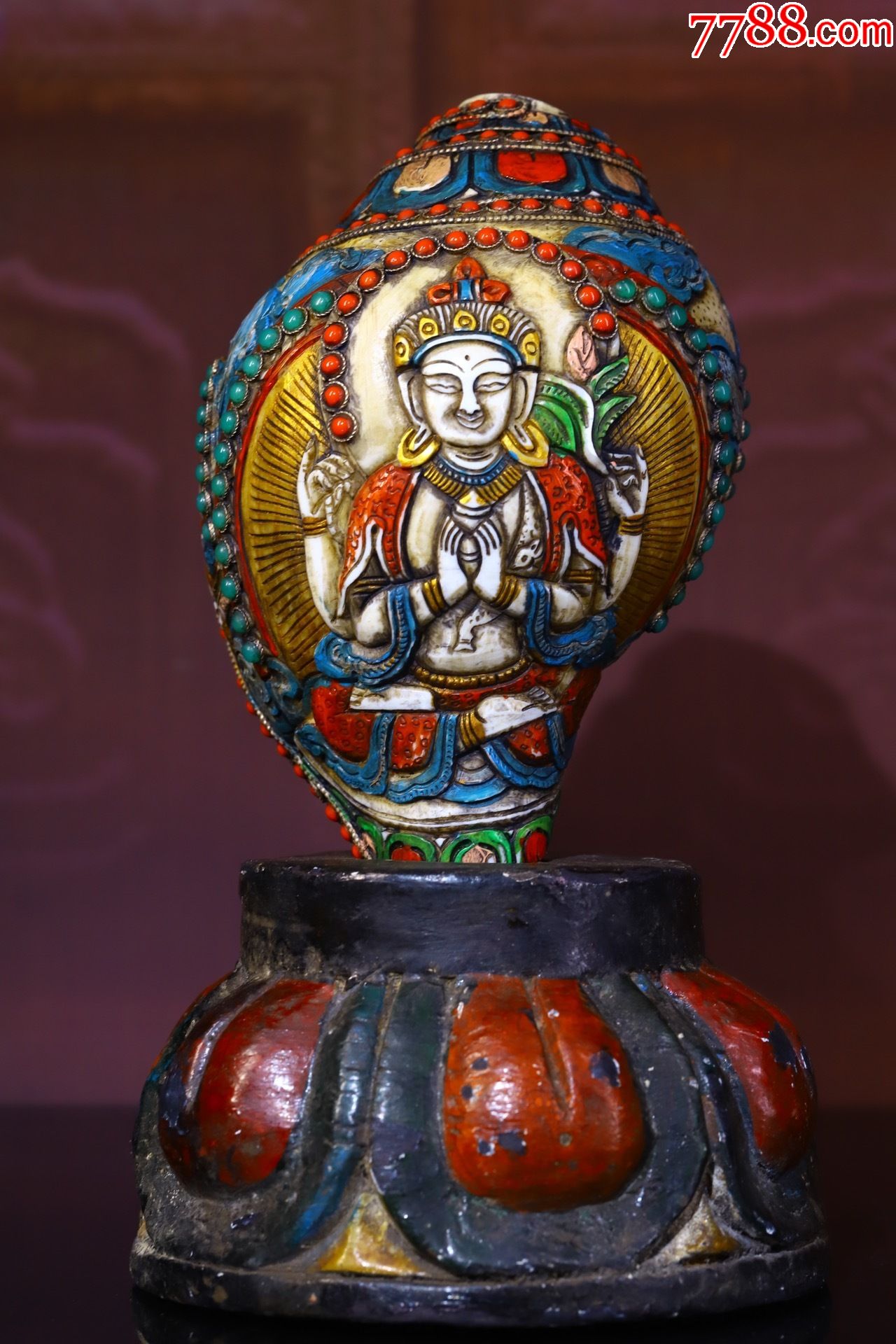 天然海螺纯手工錾刻描彩法螺a91s20f